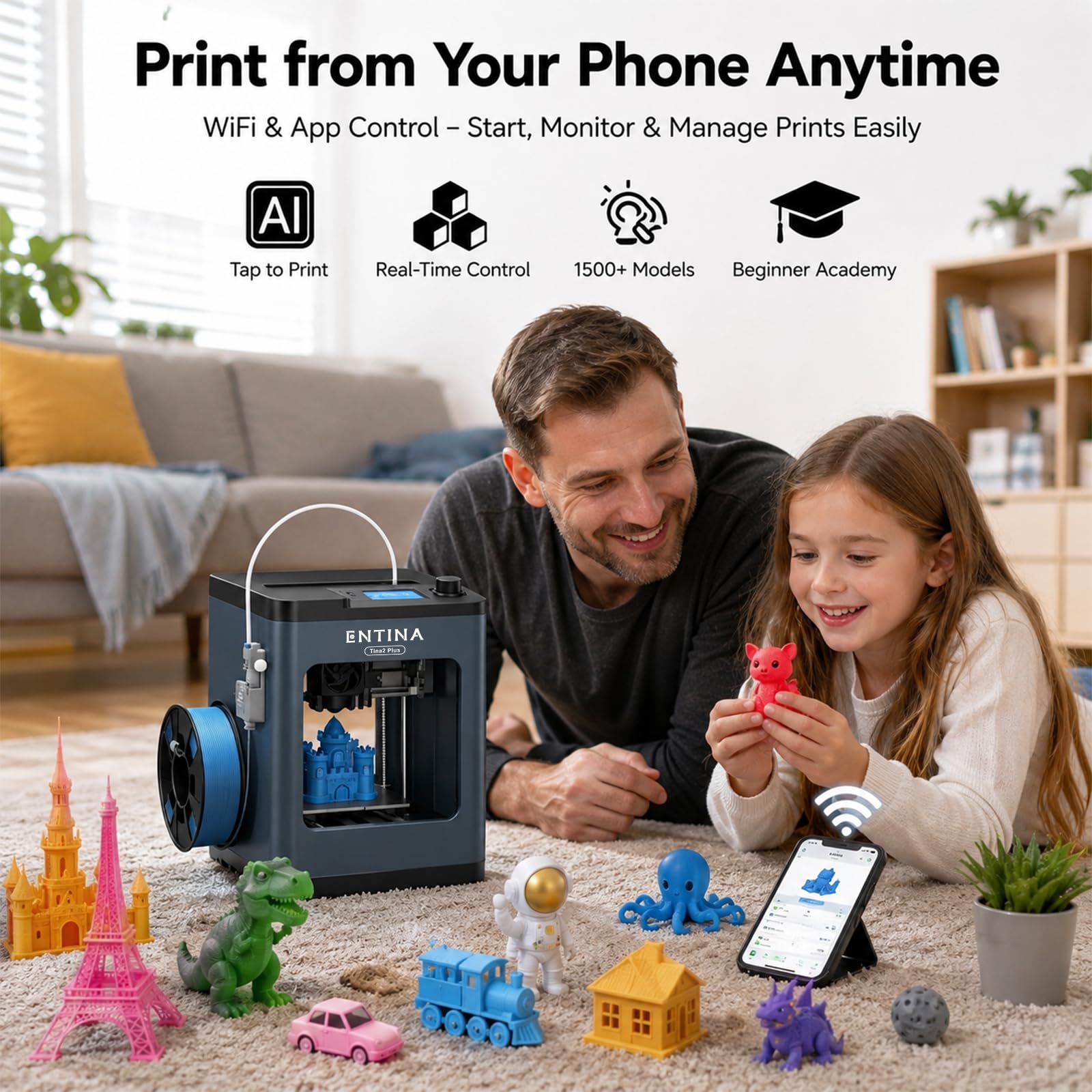 Entina Tina2C 3D Printer for Kids & Beginners, Fully Assembled Starter Mini 3D Printer, Start in 8 Mins, App & WiFi Control, Auto Leveling, 3000+ Model Library, 20+ Creative DIY Modules for STEM, Home