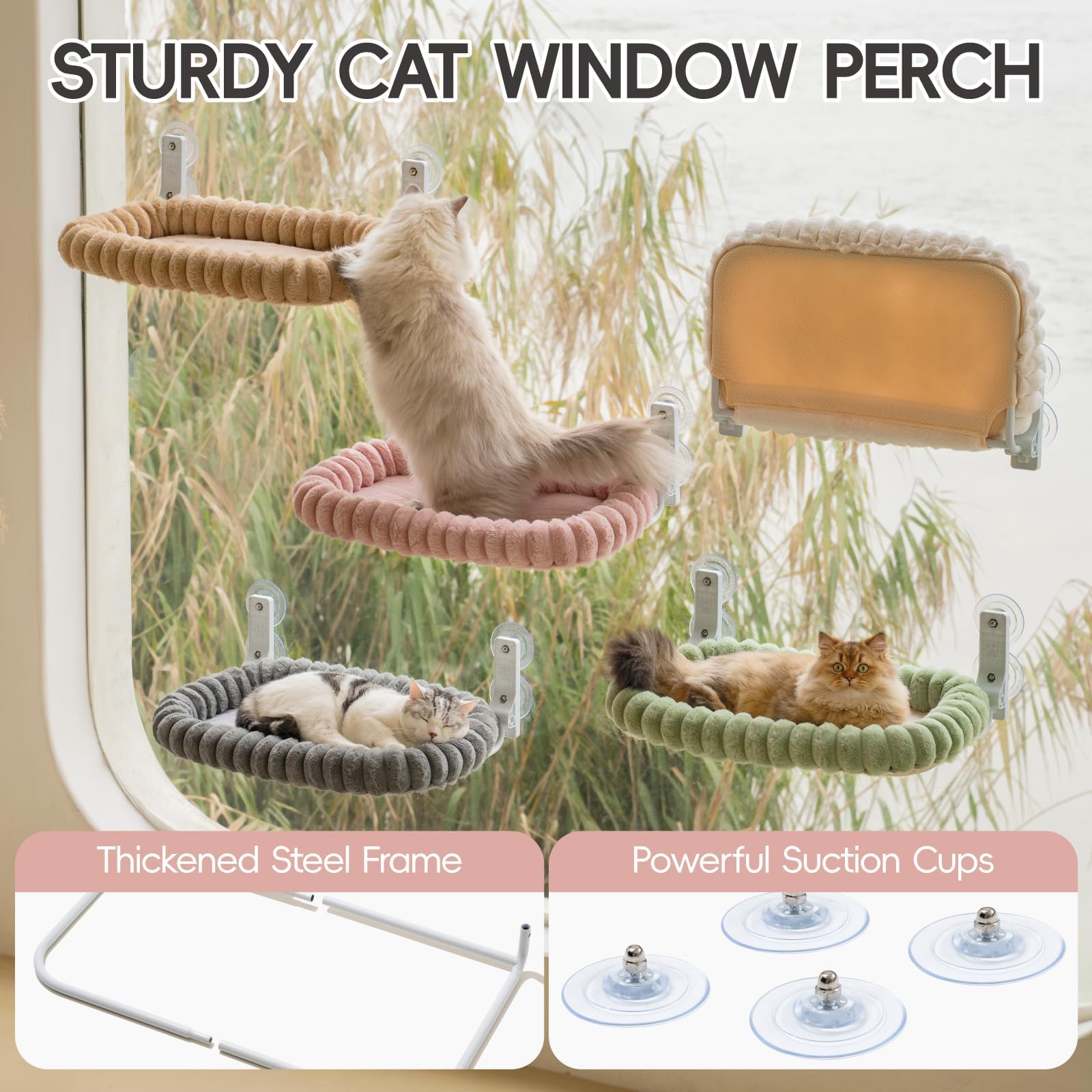 EDAGNY Katzen Fensterliege Hängematte Weich mit Abnehmbarem Wendebezug - Katzen Hängematte Fenster mit Stabiles Stahlgestell Halt bis 18kg, Creme M