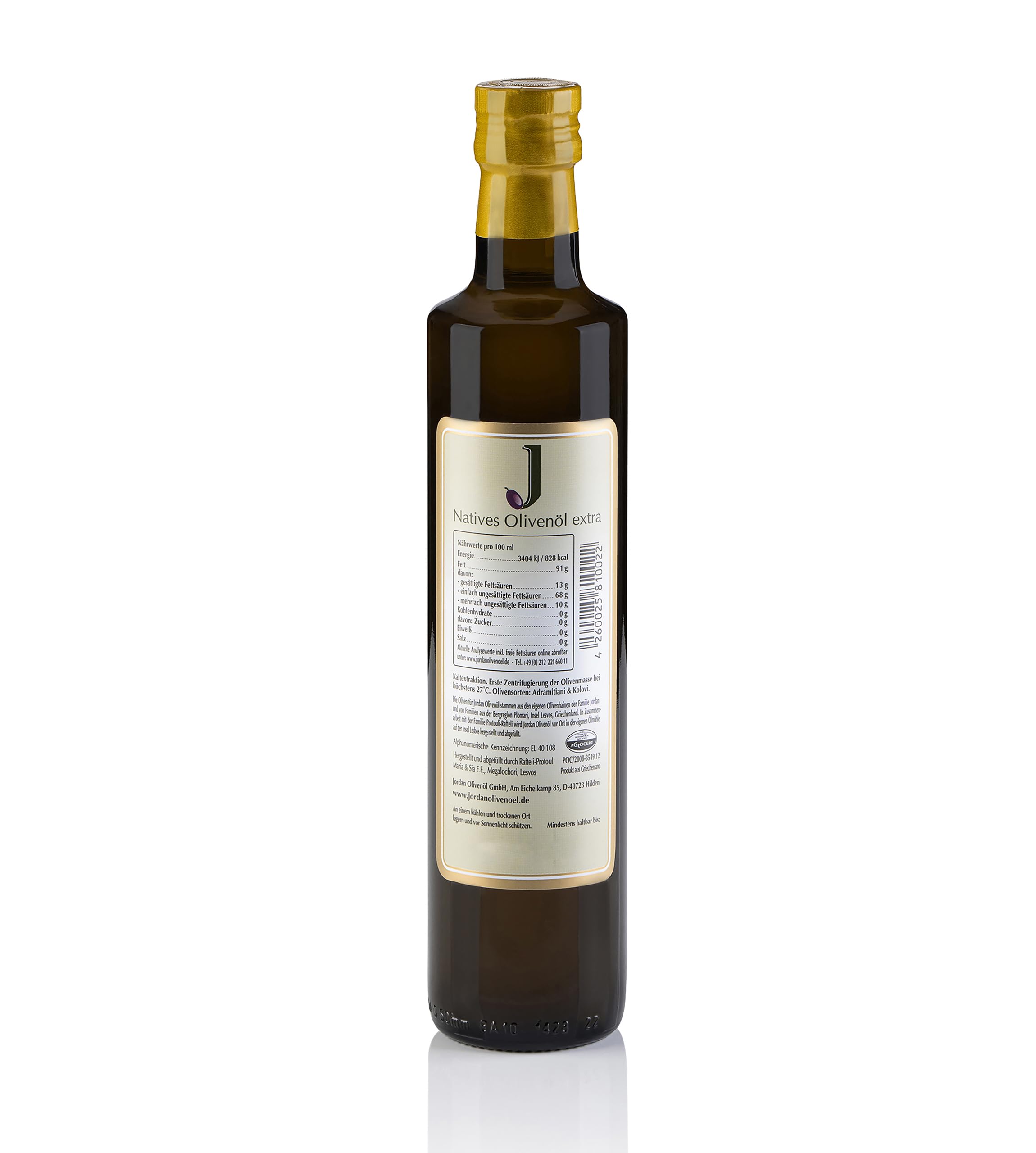 Jordan Olivenöl – Natives Olivenöl Extra - Flasche - 750 Milliliter - Öl kaltgepresst - griechische Oliven von Lesbos aus Jordans Olivenhainen - Ölflasche mit integriertem Ausgiesser & Tropfschutz