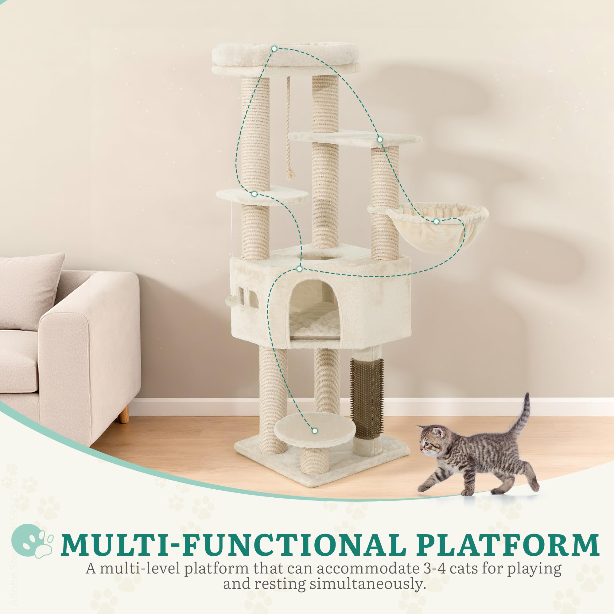 YITAHOME Kratzbaum, Katzenkratzbaum, für Große Katze, Katzenbaum, Katzenbürsten, 11 cm Dicke Stämme, Große Plattformen, Plüschkissen, Höhle, 50 x 50 x 157 cm, Beige
