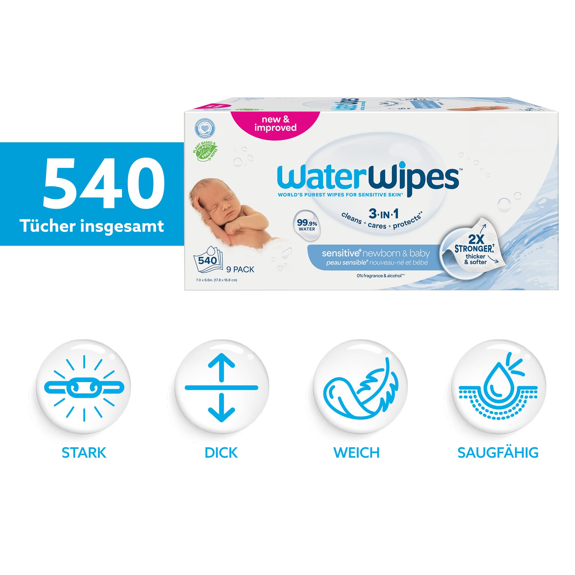WaterWipes Sensitive+ Newborn & Baby Wipes, Feuchttücher für Neugeborene und Babys, 720 Stück (12 Packungen), 3-in-1-Reinigung, Pflege, Schutz, 99,9% Wasser, parfümfrei