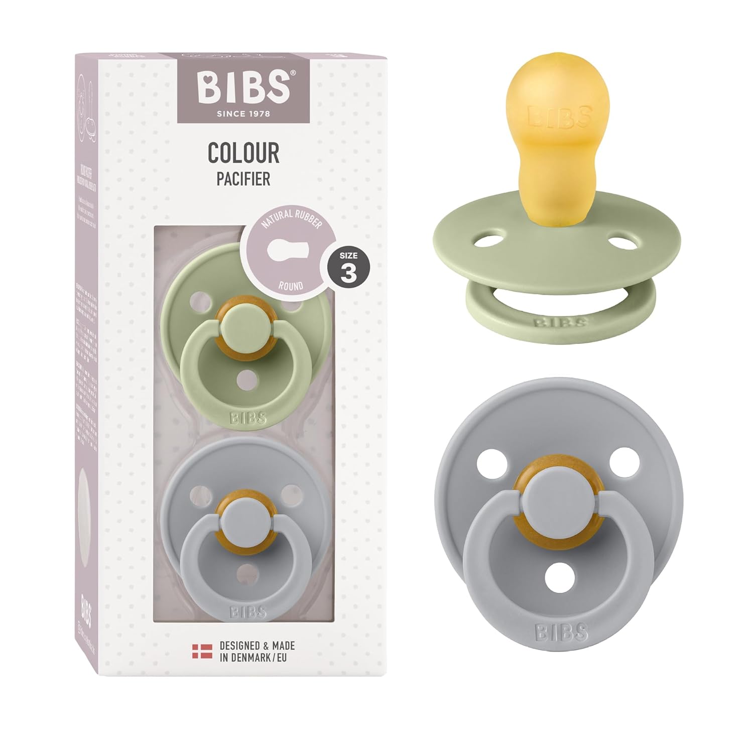 BIBS Colour Schnuller 2er-Pack, BPA-frei, Kirschform Nippel. Naturkautschuk/Latex, Hergestellt in Dänemark. Größe 1 | 0+ Monate | 2-Pack, Ivory/Sage
