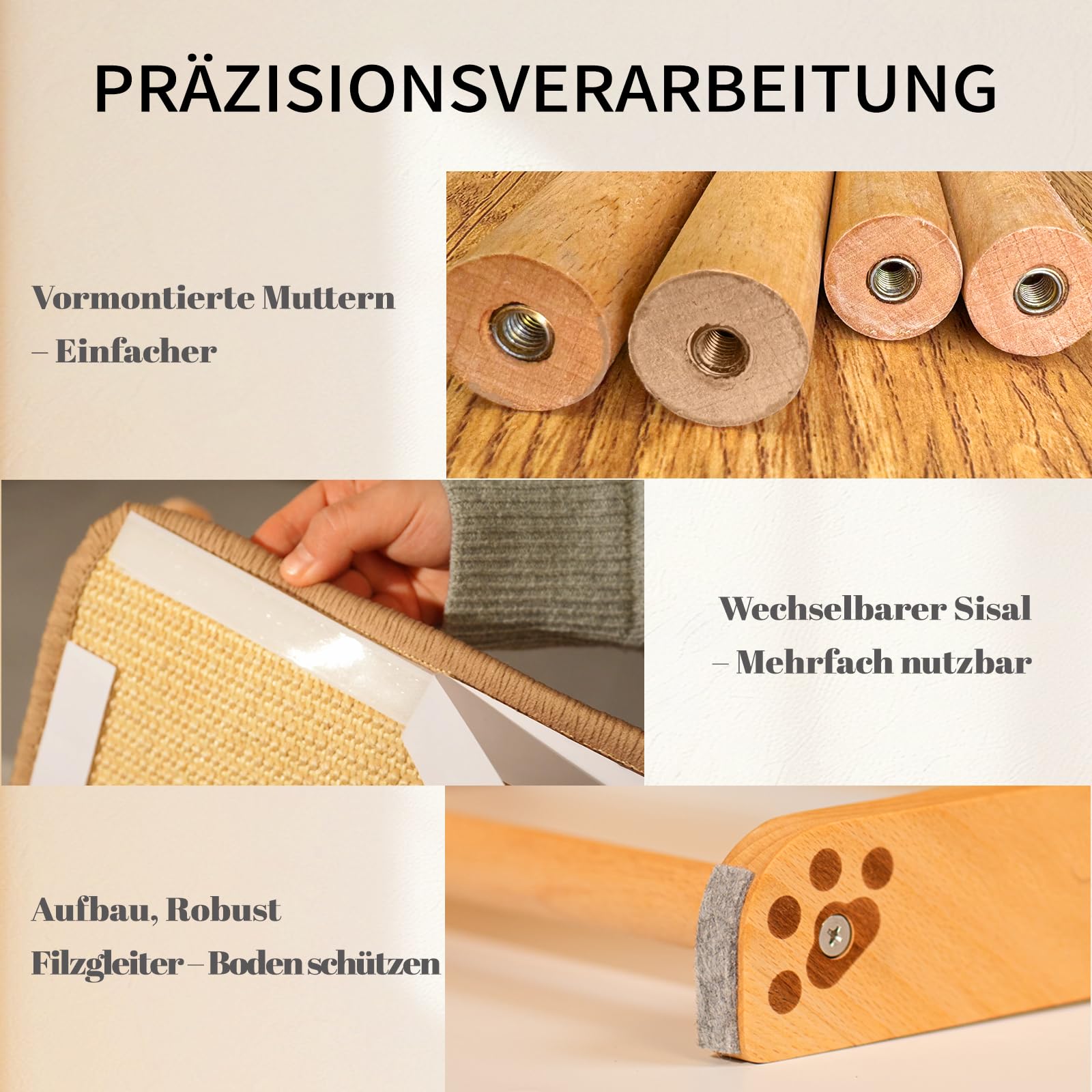CheerPals Dual-Use Sisal Kratzbrett Katzen- Large 63cm H, Massivholz Buche & Natürliche Sisal Kratzsäule Katze, L-förmige Kratzmöbel für alle Katzen Spielen, Entspannen