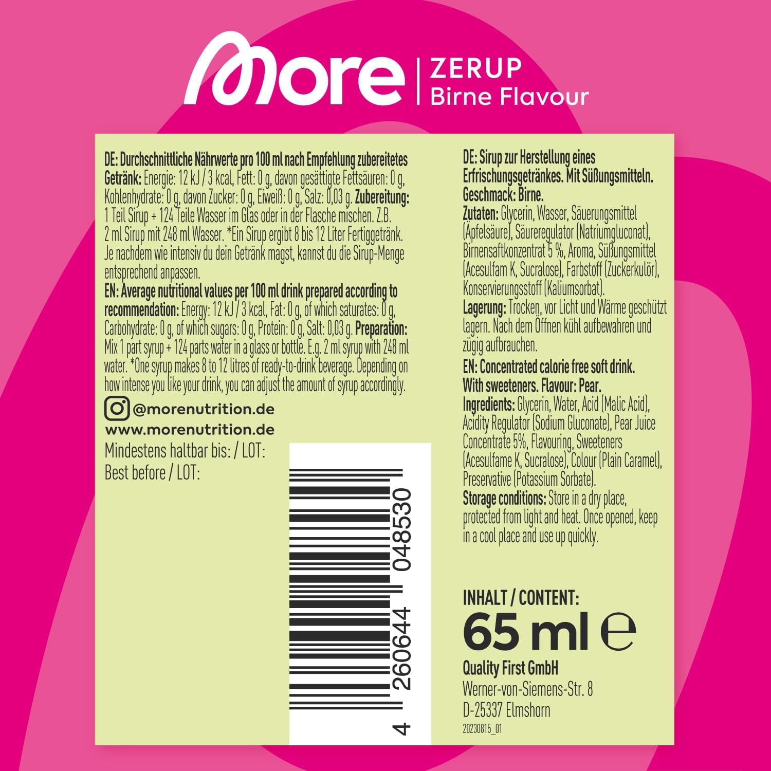 MORE Zerup, Peach Iced Tea, 65 ml, für bis zu 8 l Fertiggetränk, zuckerfreier Sirup mit u.a. echten Fruchtextrakten, vegan, zero Kalorien - made in Germany