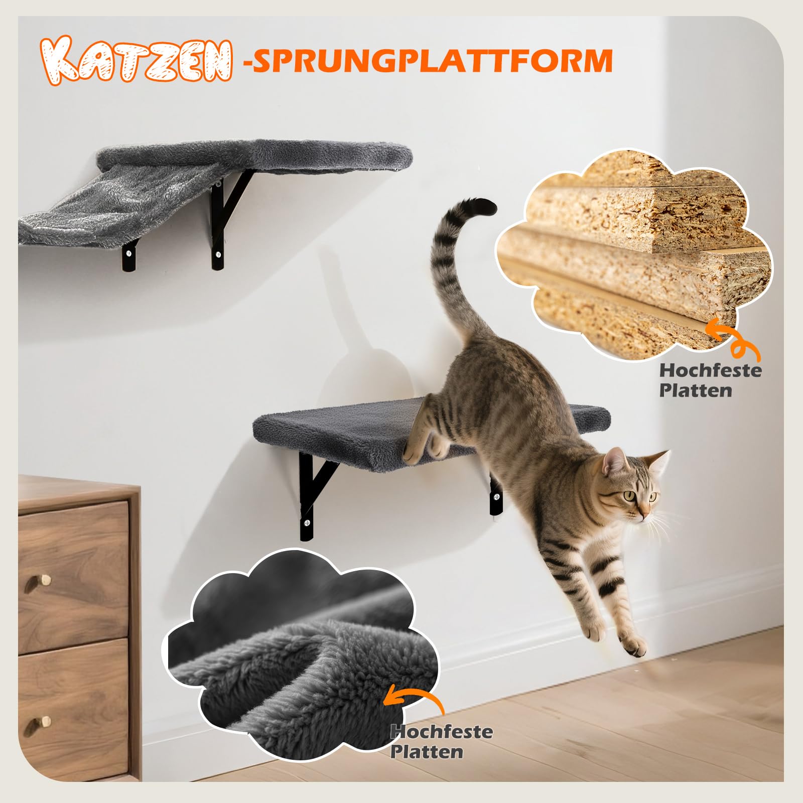 Kletterwand Katzen 10-teilig, Wandmontage Katzenmöbel Set mit Katzenbrücke, Katzenhaus, Kratzbaum & Hängematte, Stabiler Katzentreppe bis 10 kg, Beige