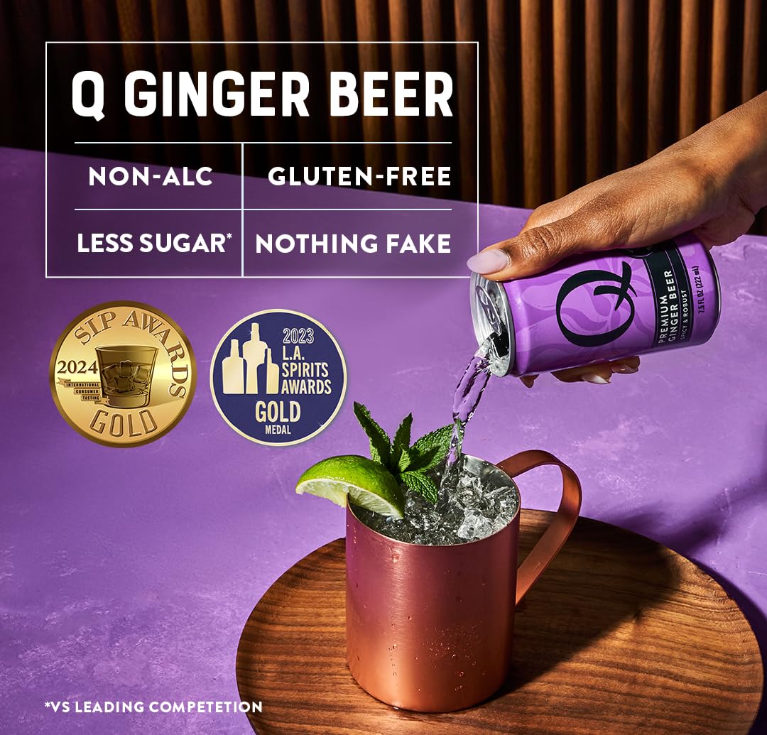 Q GINGER BEER with Real Ginger & Organic Agave - Ideal for Cocktails & Mocktails - Made with Real Ingredients, Perfectly Carbonated & Less Sweet - 80 Calories per Can - 7.5 Fl Oz Cans (Pack of 24)
