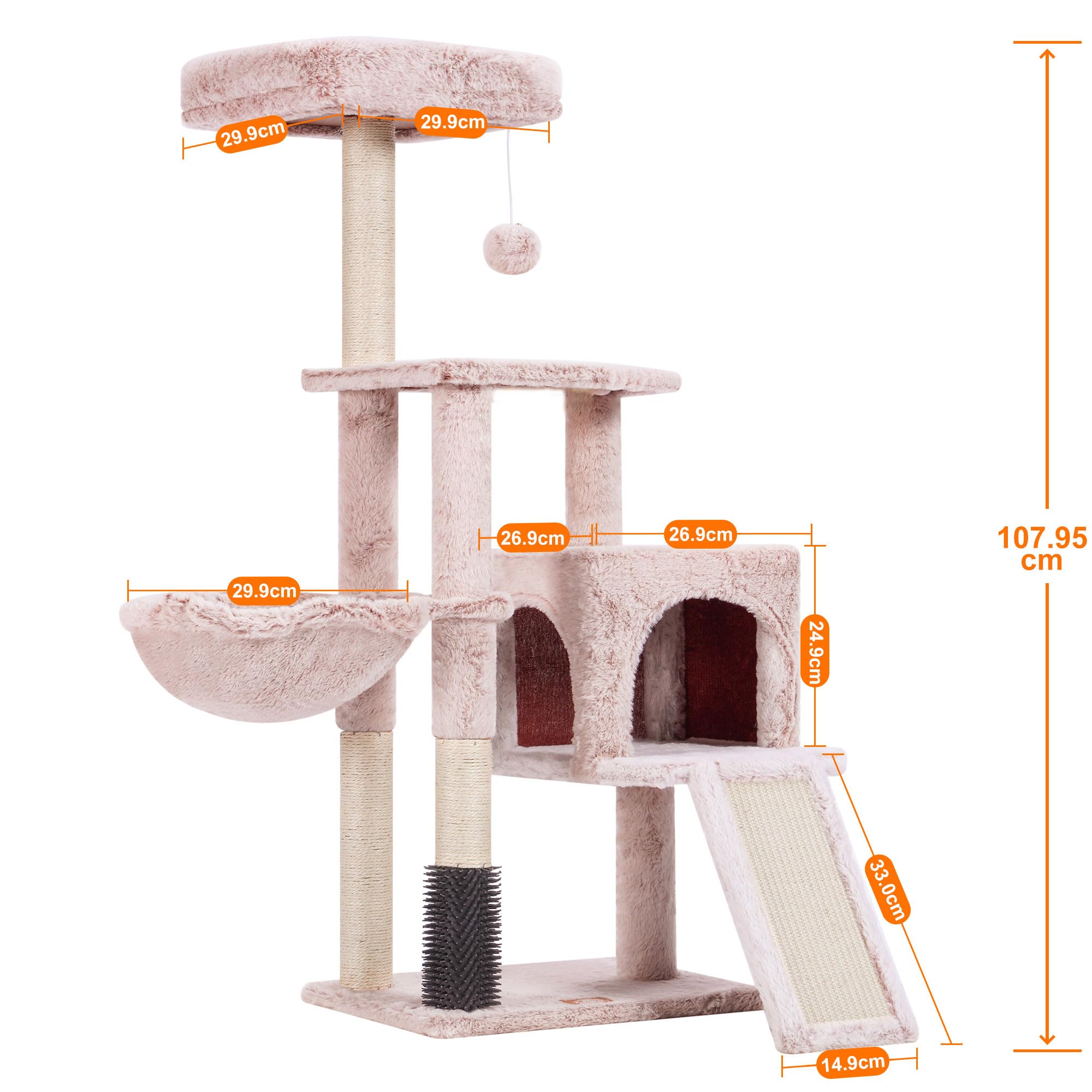 Heybly Kratzbaum mit Katzenbürste, Katzenbaum für Hauskatzen mit Gepolsterter Sitzstange aus Plüsch, Katzenkratzbaum mit Korb, Kratzbrett und Kratzbaum, Hellgrau HCT005SW