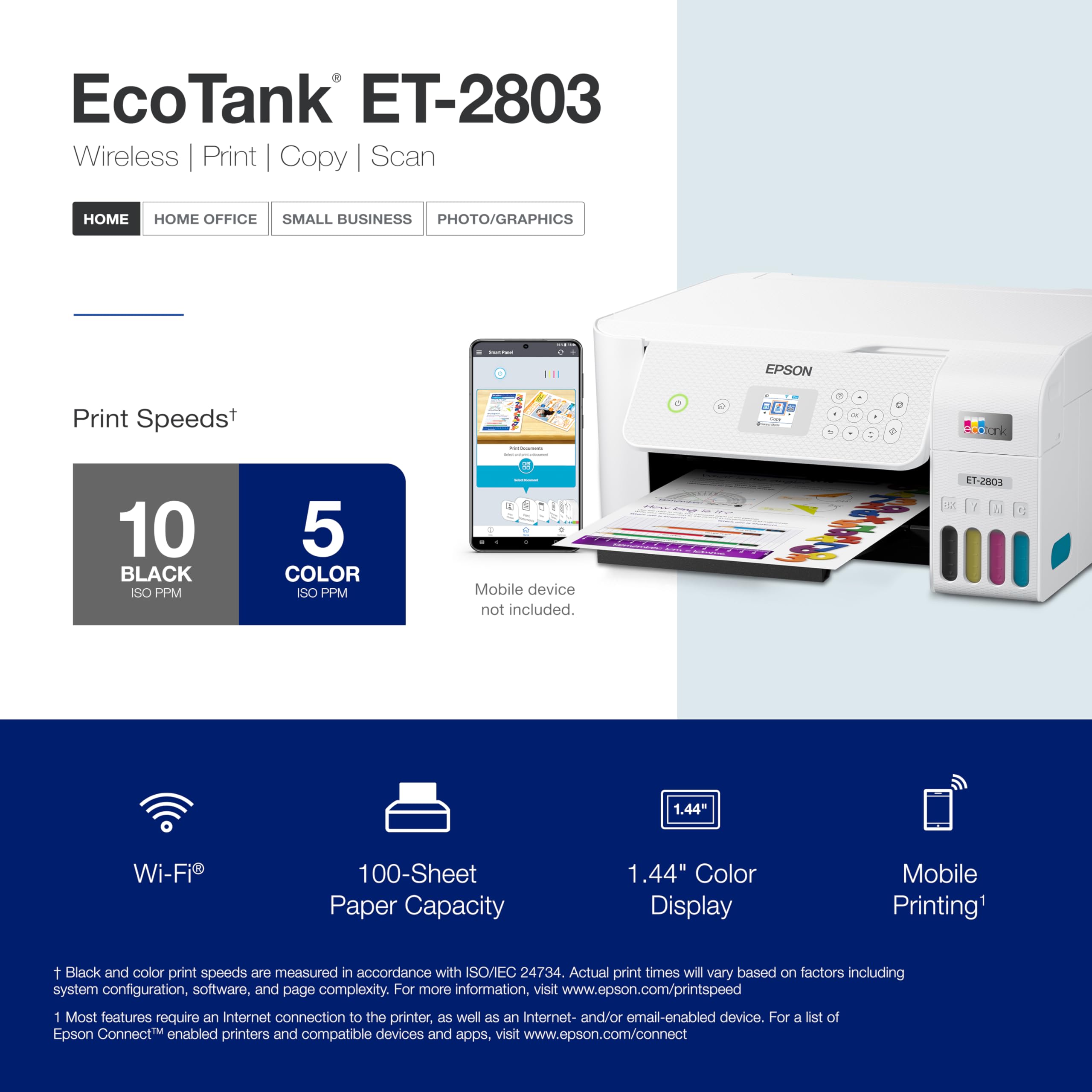 Epson EcoTank ET-2800 Wireless Color All-in-One Cartridge-Free Ink Supertank Printer with Scan and Copy for Home Use, Black