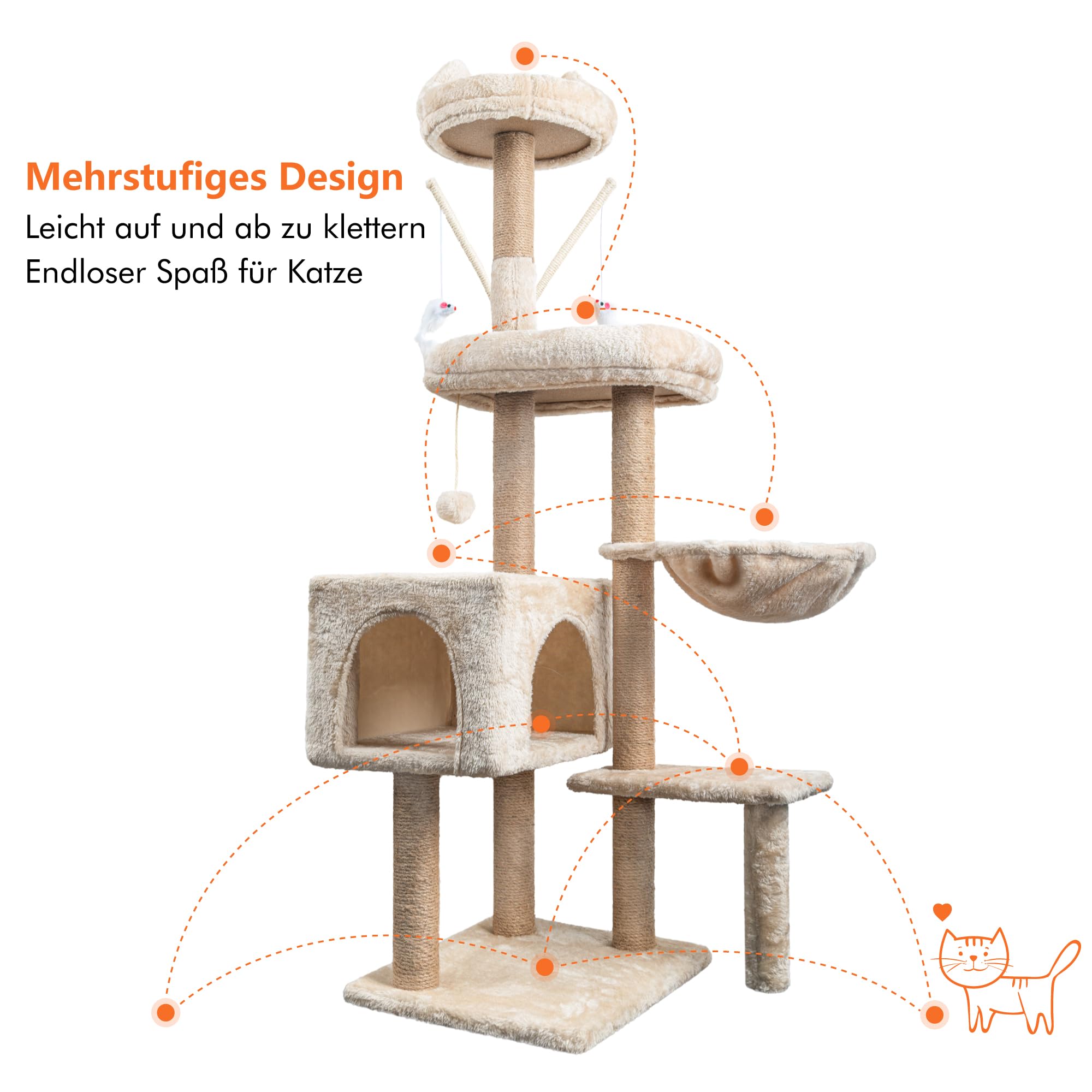 HOMIDEC Katzen Kratzbaum, 145 cm Katzenbaum Kletterturm, Kletterbaum Aktivitätskratzbäum mit Säulen vollständig mit Sisal umwickelt, Katzenspielzeug, Höhle, Plattformen, Liegemulde, Hellgrau