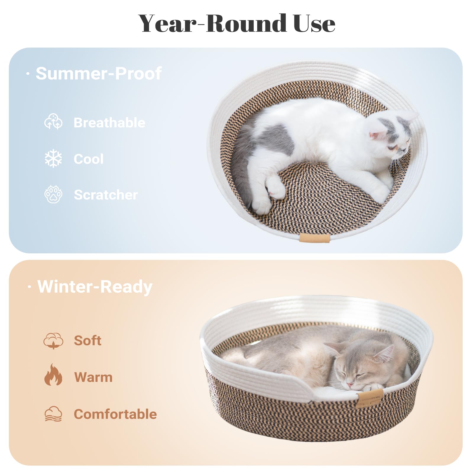 CheerPals Katzenbett mit Kissen, 47cm Waschbar Katzenkorb aus Baumwollseilen geflochten, zum Schlafen für Alle Katze, All Season Universal