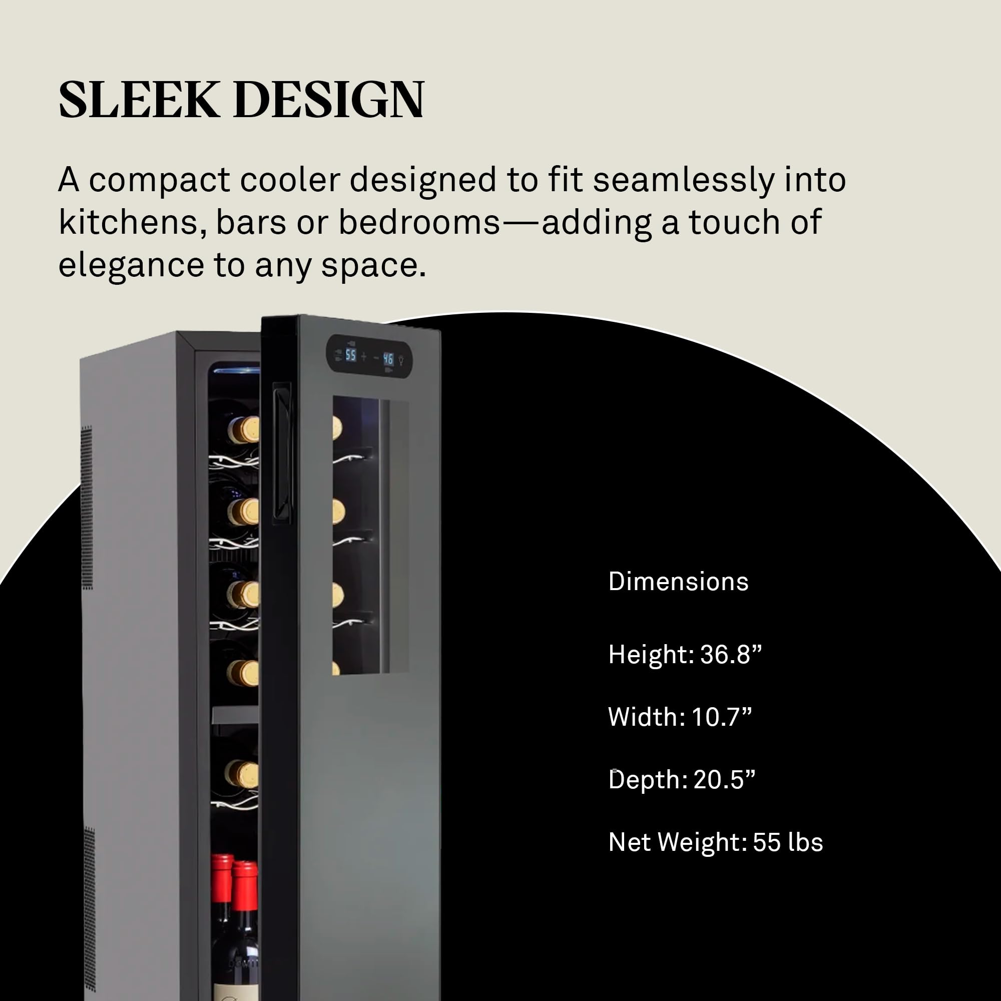 Wine Enthusiast 18-Bottle Slimline Dual Zone Wine Cooler - Energy Efficient Freestanding Wine Refrigerator - Upright Bottle Storage, Adjustable Thermostat, Digital Touchscreen (20.5” x 10.7" x 36.8”)