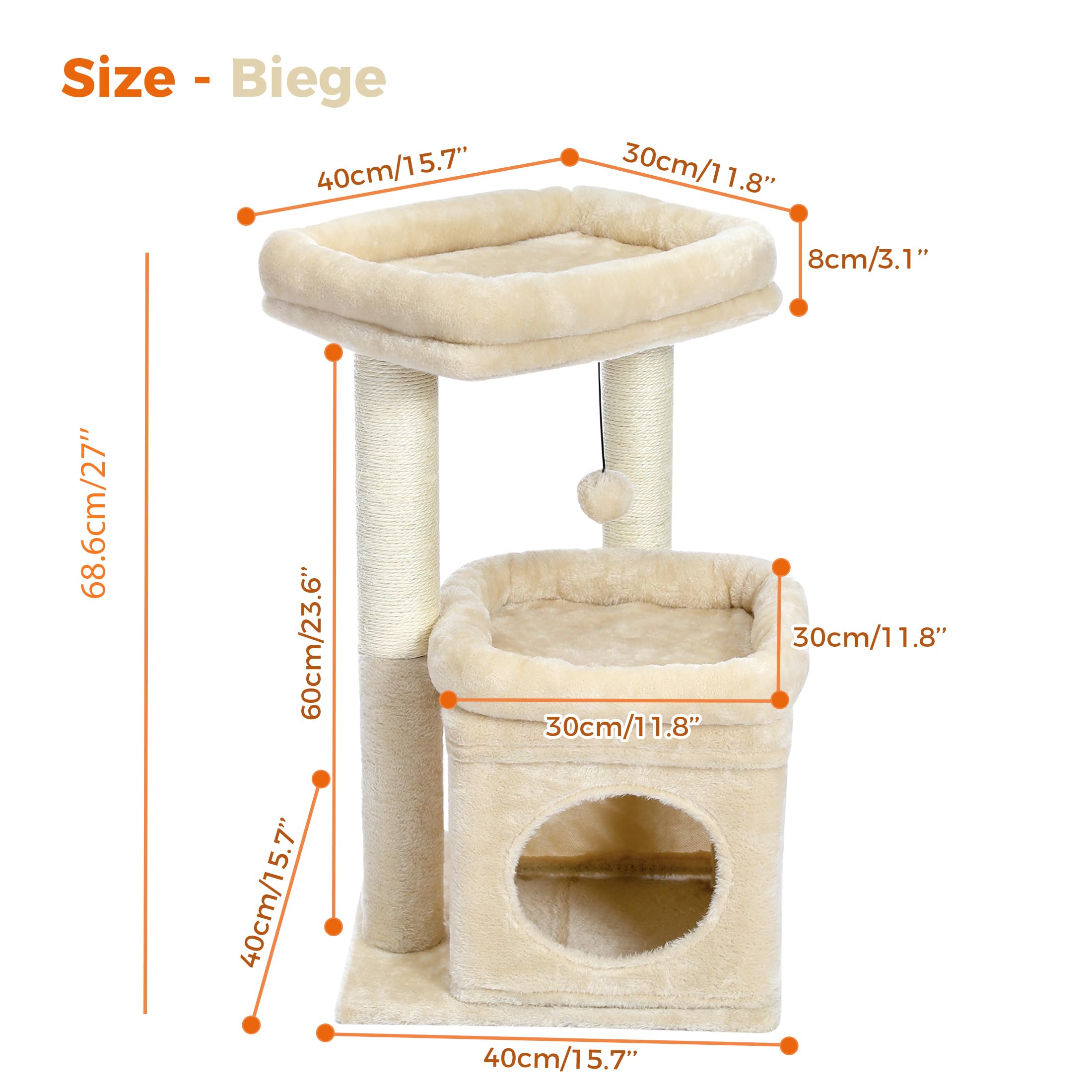 PAWZ Road Kleiner Katzenbaum, mehrstöckiger Katzenturm mit Sisal-überzogenem Kratzbaum, gemütlicher Katzenwohnung und großer Katzensitzstange für Hauskatzen, Beige