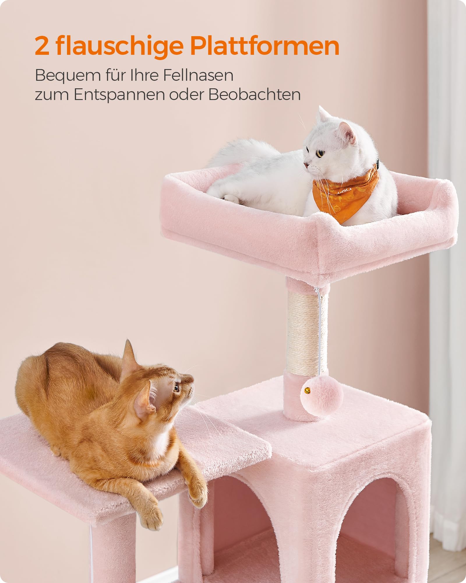 Feandrea Kratzbaum, 143 cm hoch, Katzenbaum, mehrstöckiges Katzenhaus, mit 4 Kratzsäulen, 2 Plattformen, Hängematte, Höhle, hellgrau PCT161W01