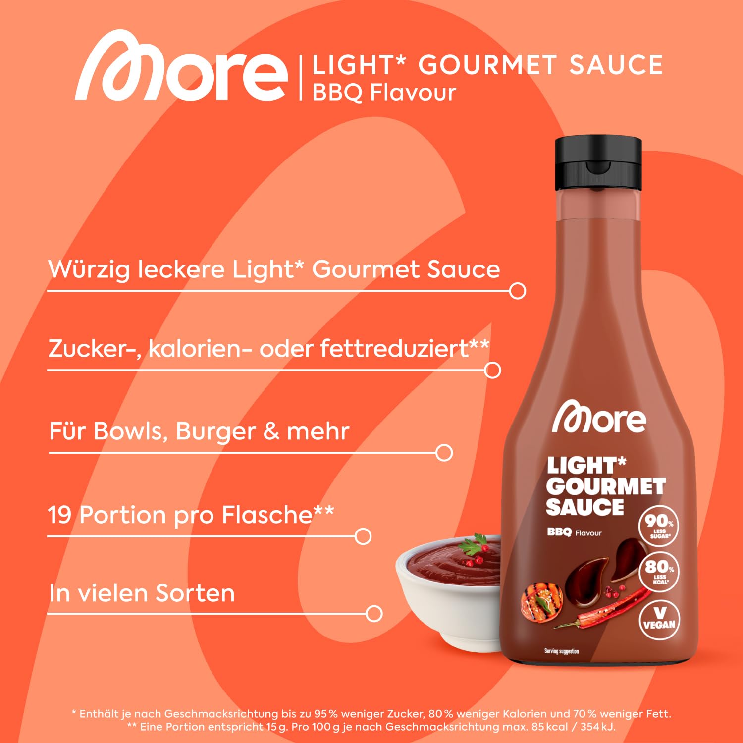 MORE NUTRITION Light Gourmet Sauce, 285ml - BBQ, kalorienreduzierte Sauce, ohne Zuckerzusatz und unnötigem Fett