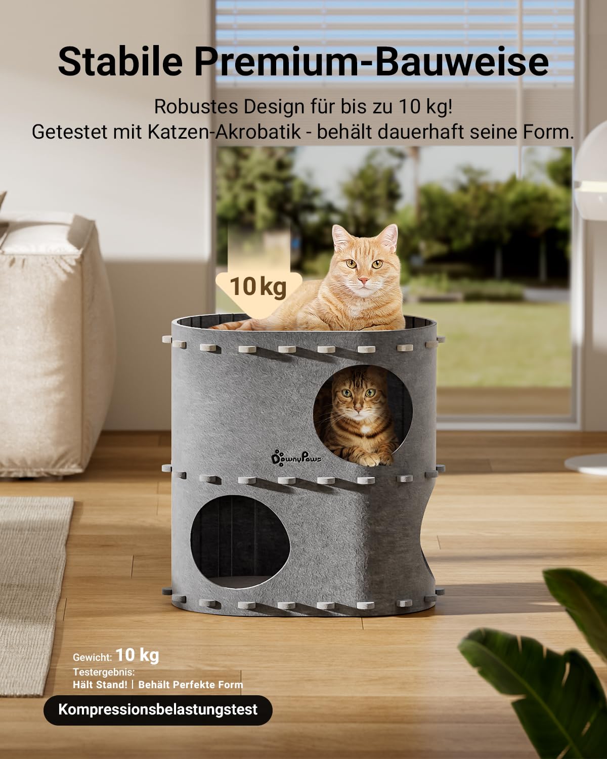 Katzenhöhle Filz, Katzenhaus aus Filz, Katzenbett, Katzenhöhle für Katzen, 58 x 33 x 30cm, Peek-a-Boo zum Spielen, Winterfest, Schutz der Katzennägel, Beige