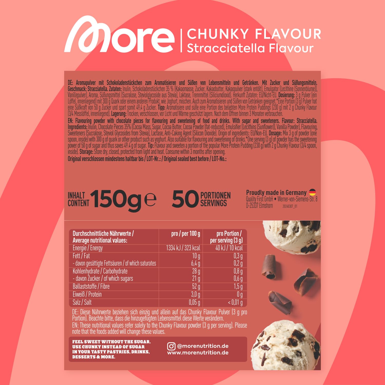 MORE Chunky Flavour, Vanilla Perfection, 150 g, vegan, Geschmackspulver zum Süßen, ohne viel Zucker und Kalorien, mit Inulin und Laktase - made in Germany