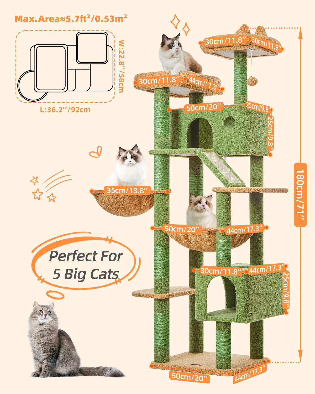 Taoqimiao 180CM Kratzbaum Groß, Katzenbaum Katzen Kratzbaum Grosse Katzen Stabil mit 2 Katzenhaus, Metallhängematte, Korb, 8 Kratzsäulen, Katzenkratztafel, MS026LM Beige