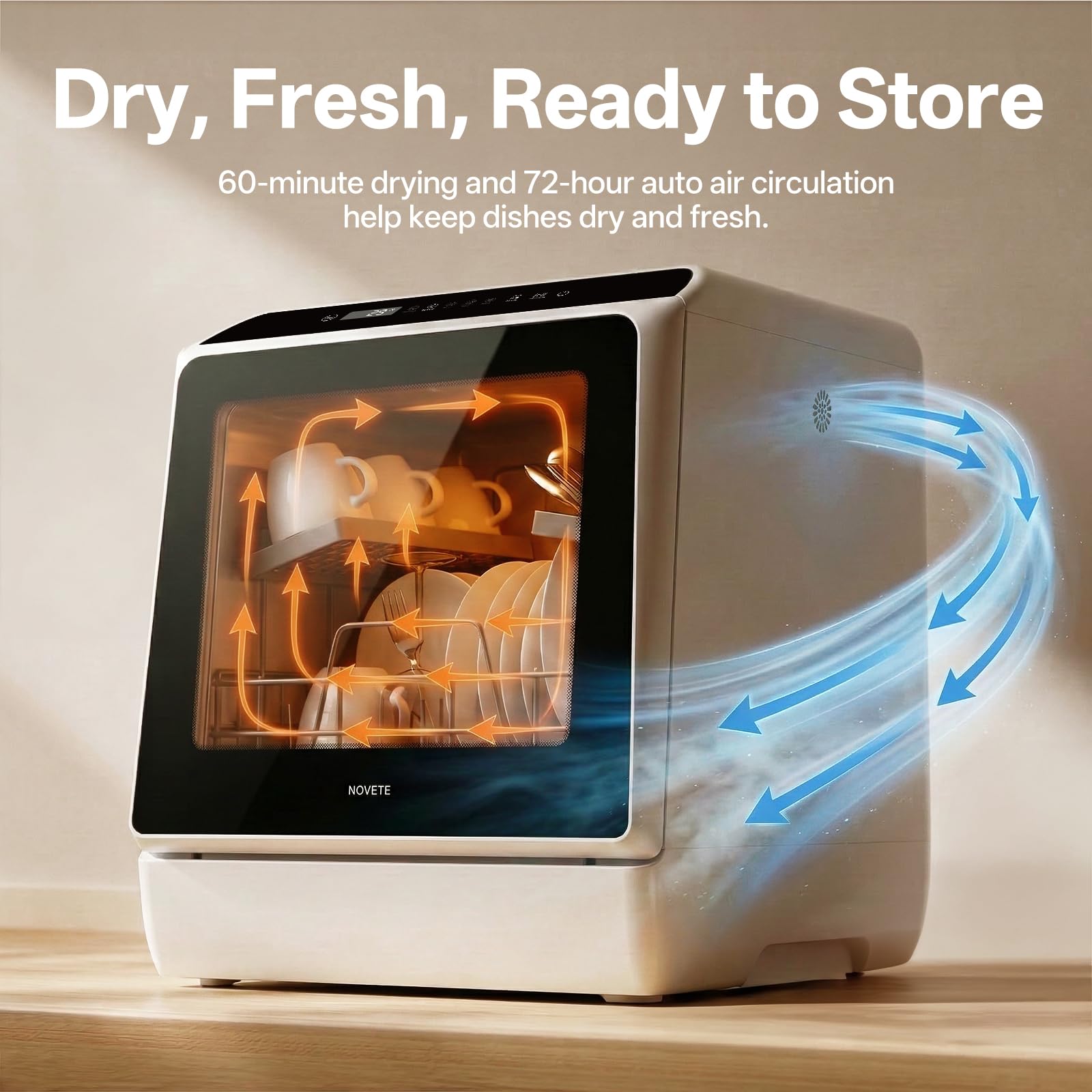 NOVETE Portable Countertop Dishwashers, Compact Dishwashers with 5L Built-in Water Tank & Inlet Hose, 5 Washing Programs, Baby Care, Air-Dry Function and LED Light for Small Apartments