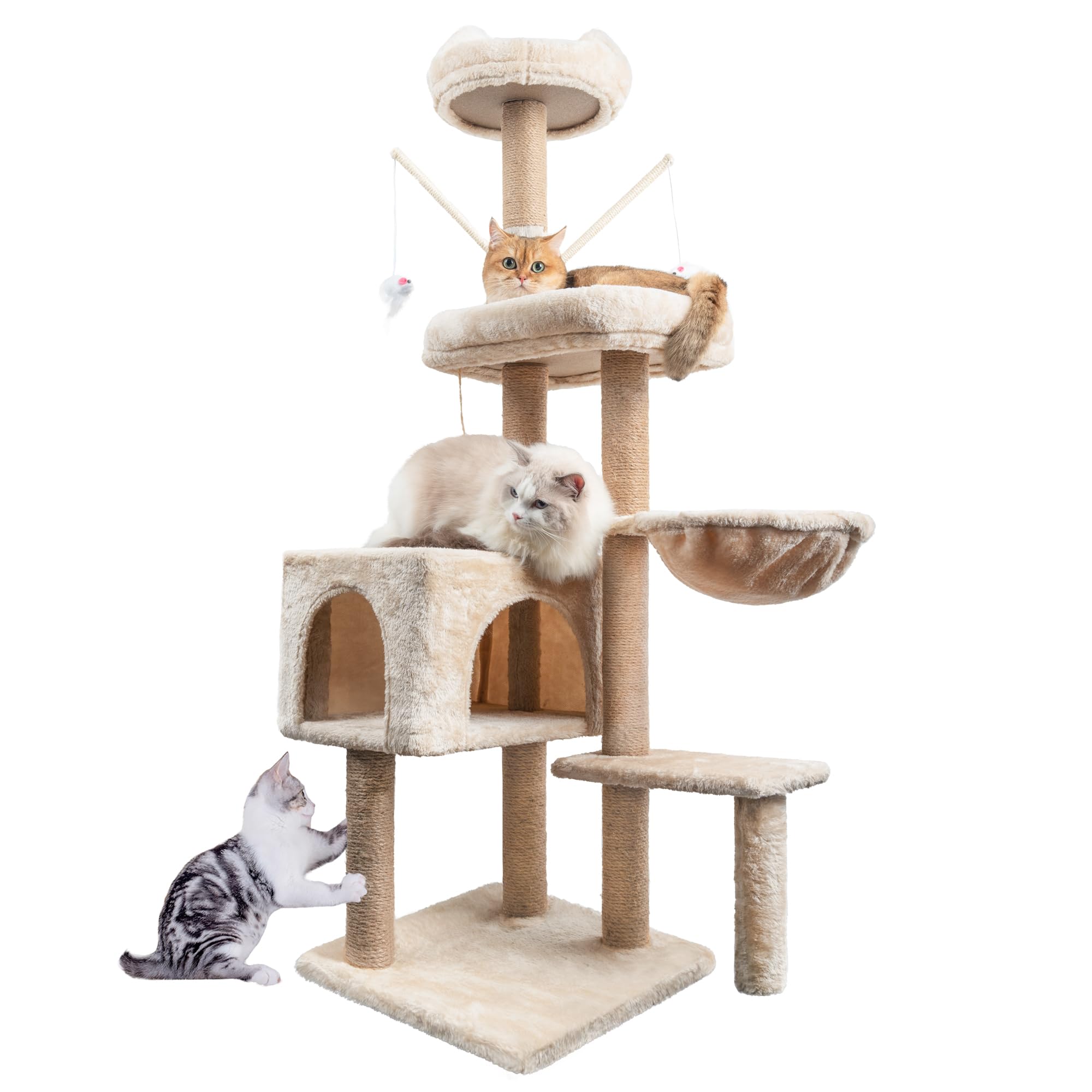 HOMIDEC Katzen Kratzbaum, 145 cm Katzenbaum Kletterturm, Kletterbaum Aktivitätskratzbäum mit Säulen vollständig mit Sisal umwickelt, Katzenspielzeug, Höhle, Plattformen, Liegemulde, Hellgrau