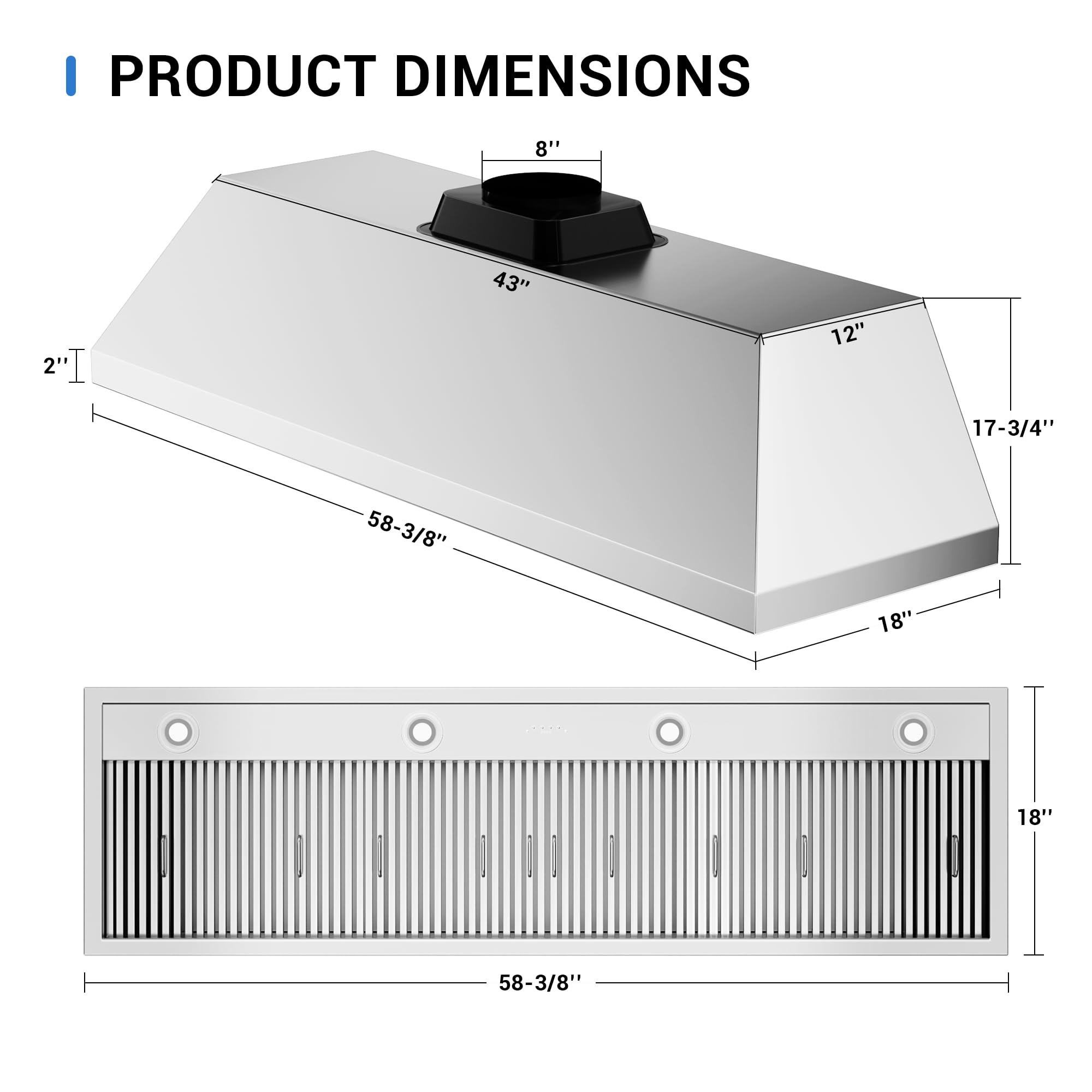 CT Copper Tailor Built-in Range Hood Insert Vent 48 Inch, 1150 CFM with 4-Speed Fan, LED Light, Dishwasher-safe Baffle Filter,Stainless Steel