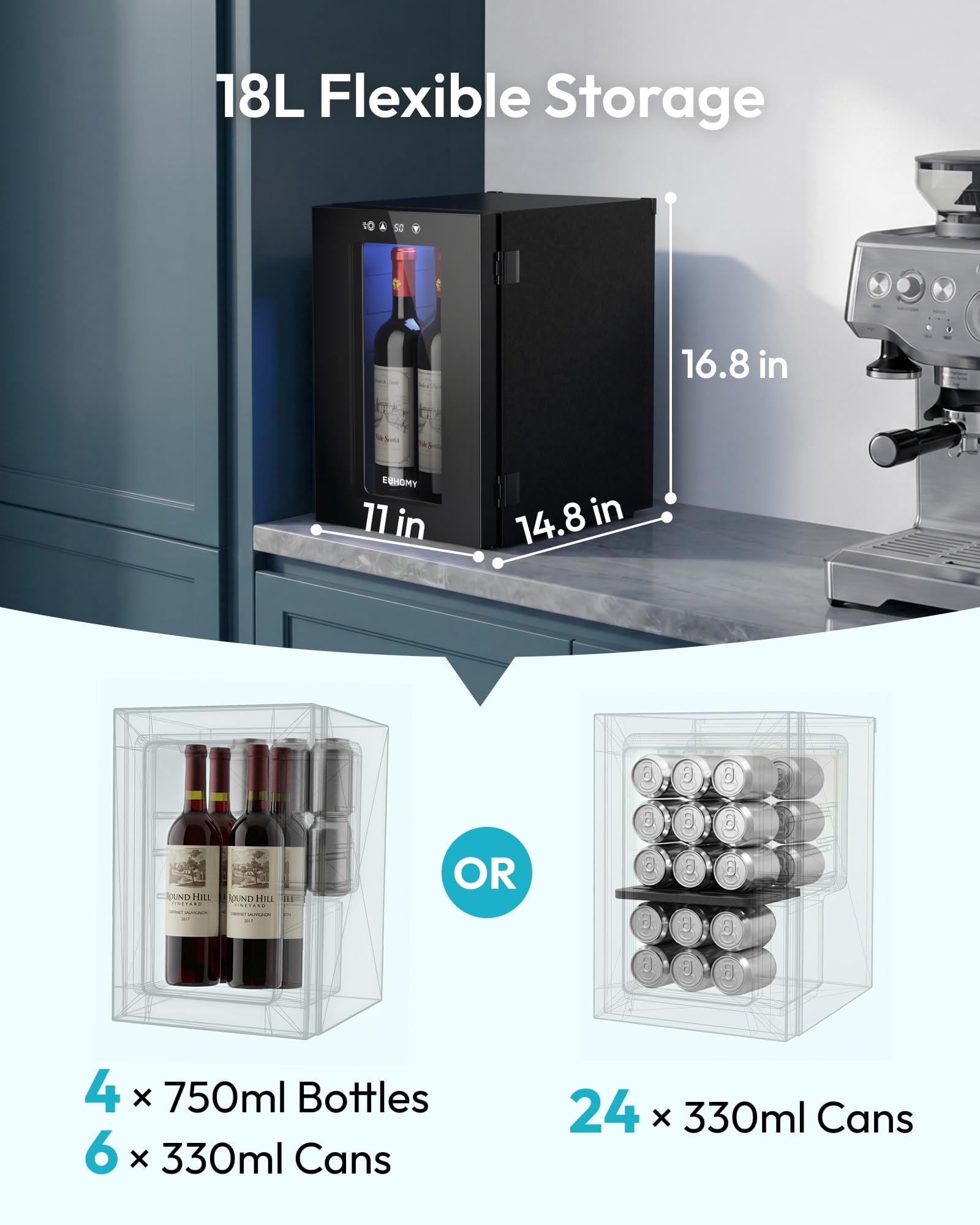 EUHOMY 25 bottle Wine Cooler Refrigerator, Freestanding Compressor Wine Fridge with Adjustable Temperature and Digital Control, Mini Fridge with Glass Door for Red White Wine, Beer, Black