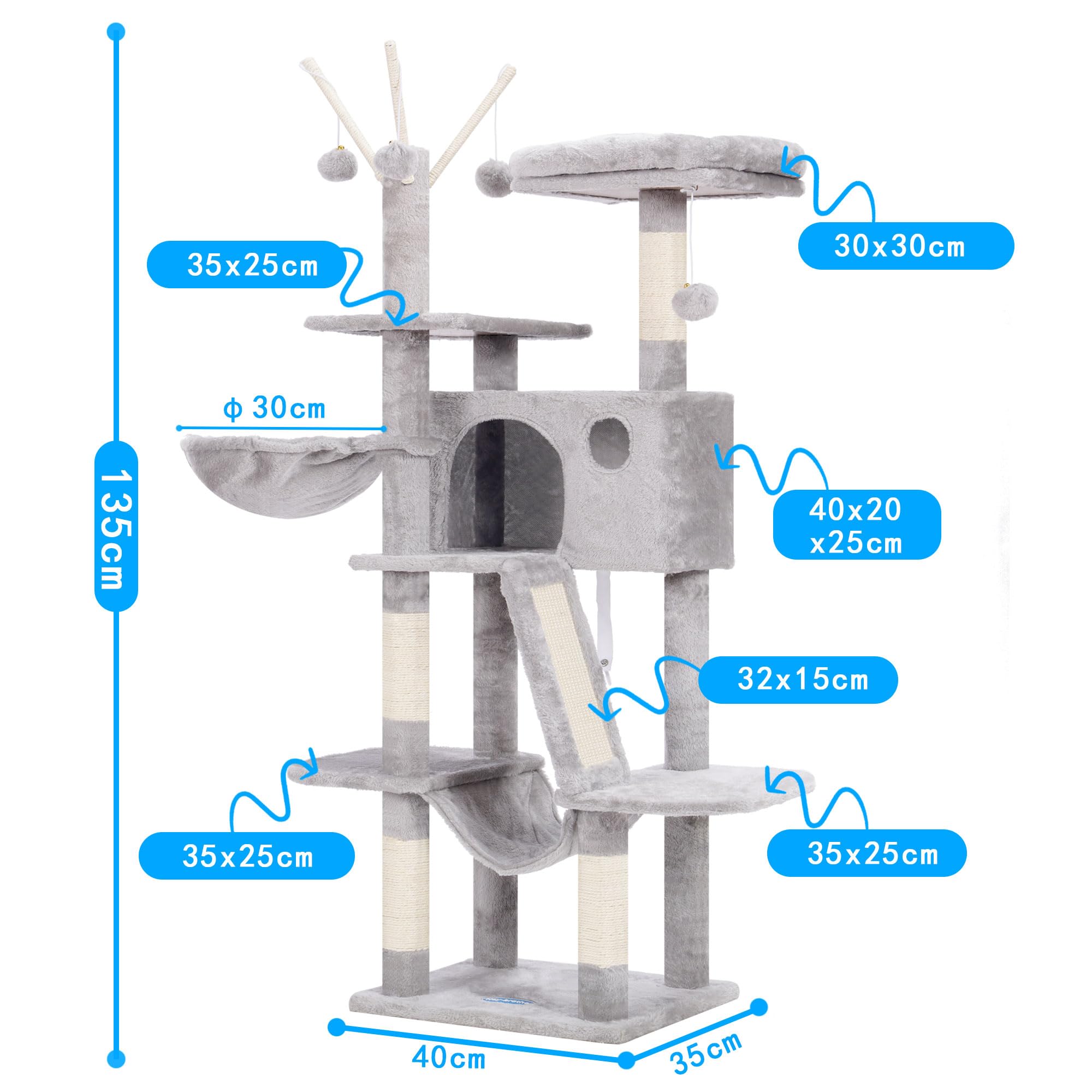 Hey-Brother Kratzbaum, 135 cm Indoor Katzenbaum, Mit gepolsterter Plattform Bett, Spielzeug Ball, Höhlen, Hängematte und Sisal Kratzbaum Katzenhaus, Hellgrau MPJ019-SW