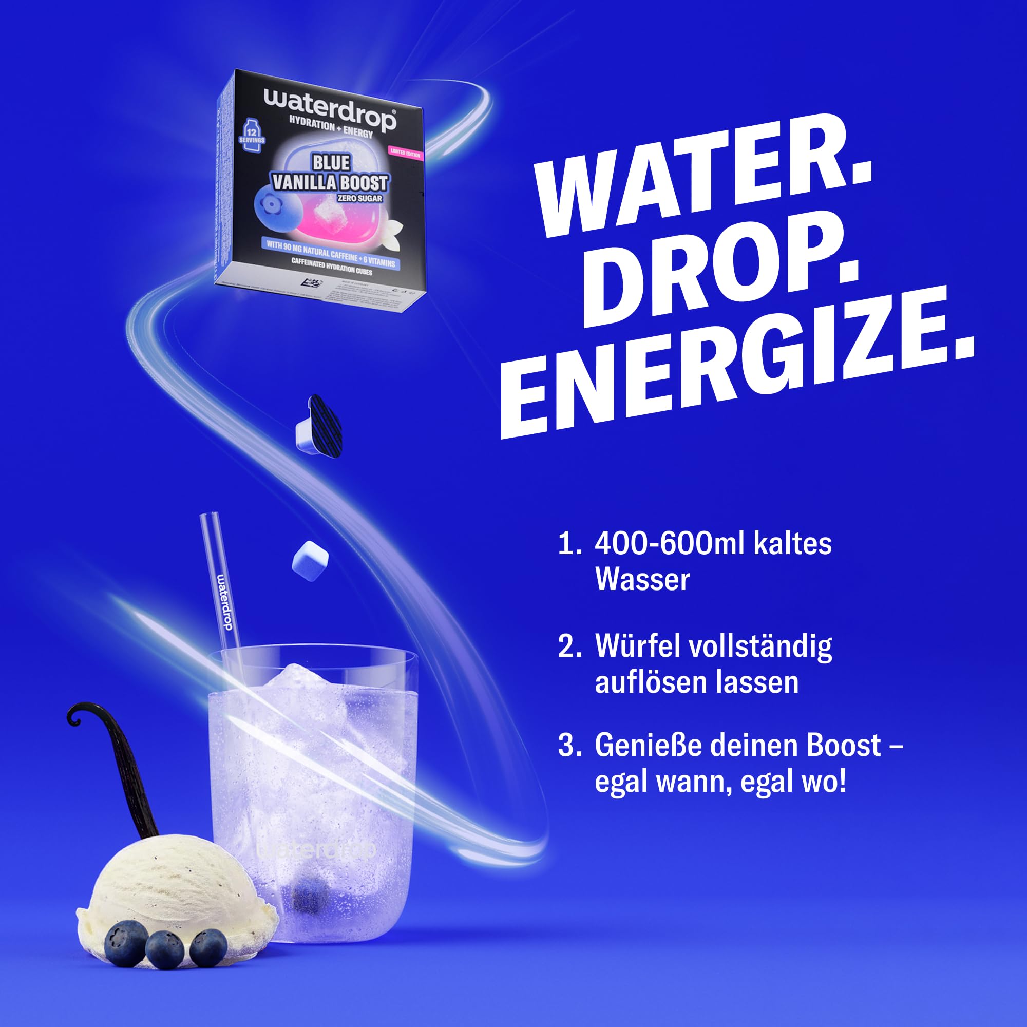 waterdrop® Microenergy Set, Energy Drink Pulver, 36 Würfel Getränkepulver, Mango, Kirsche & Brombeere Geschmack, Zuckerfrei & Kalorienarm, Mit 90 mg Natürlichem Koffein, Vitamin C & B – Flavour Drops