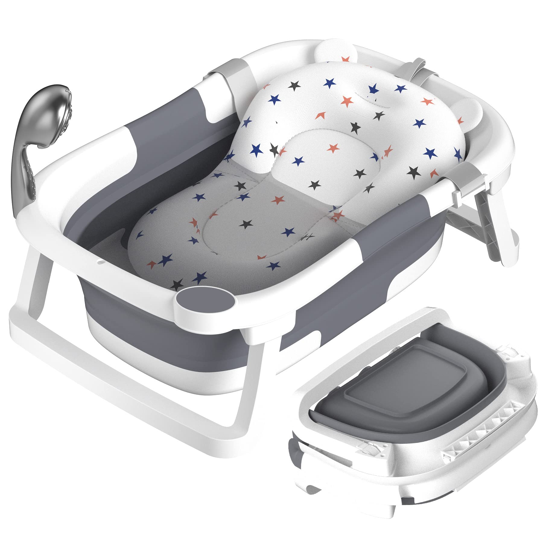 Baby Badewanne Faltbare, Baby Bathtub Babywanne Faltbar Babybadewanne Tragbare Wanne für Neugeborene Kleinkinder mit Rutschfester Matte und Abflussloch (Kein Thermometer) (Grau)