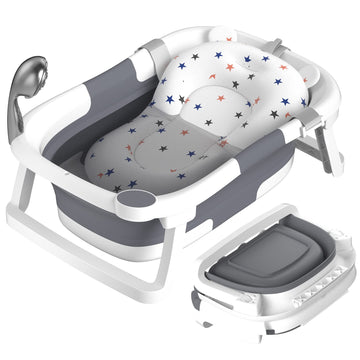 Baby Badewanne Faltbare, Baby Bathtub Babywanne Faltbar Babybadewanne Tragbare Wanne für Neugeborene Kleinkinder mit Rutschfester Matte und Abflussloch (Kein Thermometer) (Grau)