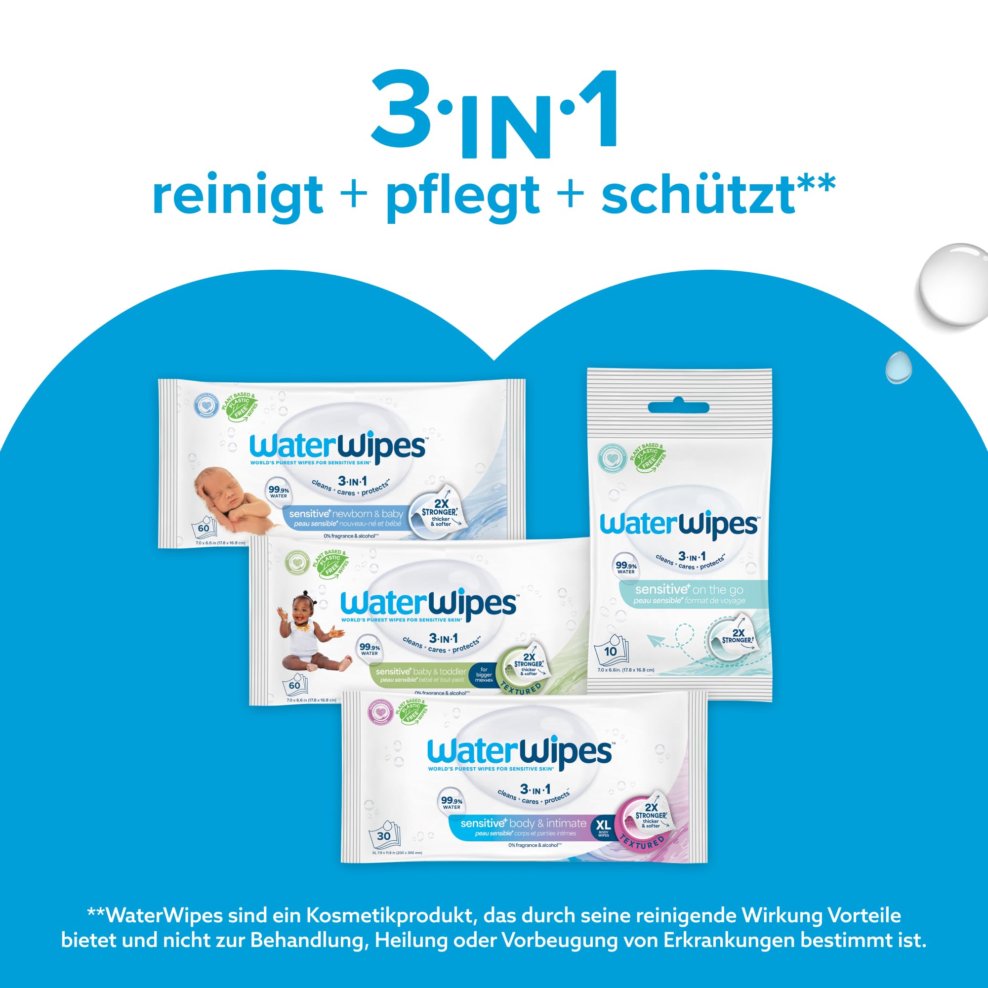 WaterWipes Sensitive+ Newborn & Baby Wipes, Feuchttücher für Neugeborene und Babys, 720 Stück (12 Packungen), 3-in-1-Reinigung, Pflege, Schutz, 99,9% Wasser, parfümfrei