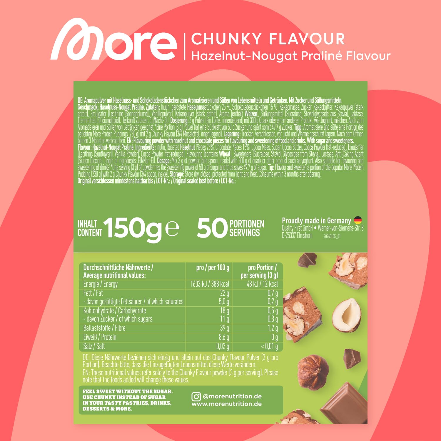 MORE Chunky Flavour, Vanilla Perfection, 150 g, vegan, Geschmackspulver zum Süßen, ohne viel Zucker und Kalorien, mit Inulin und Laktase - made in Germany