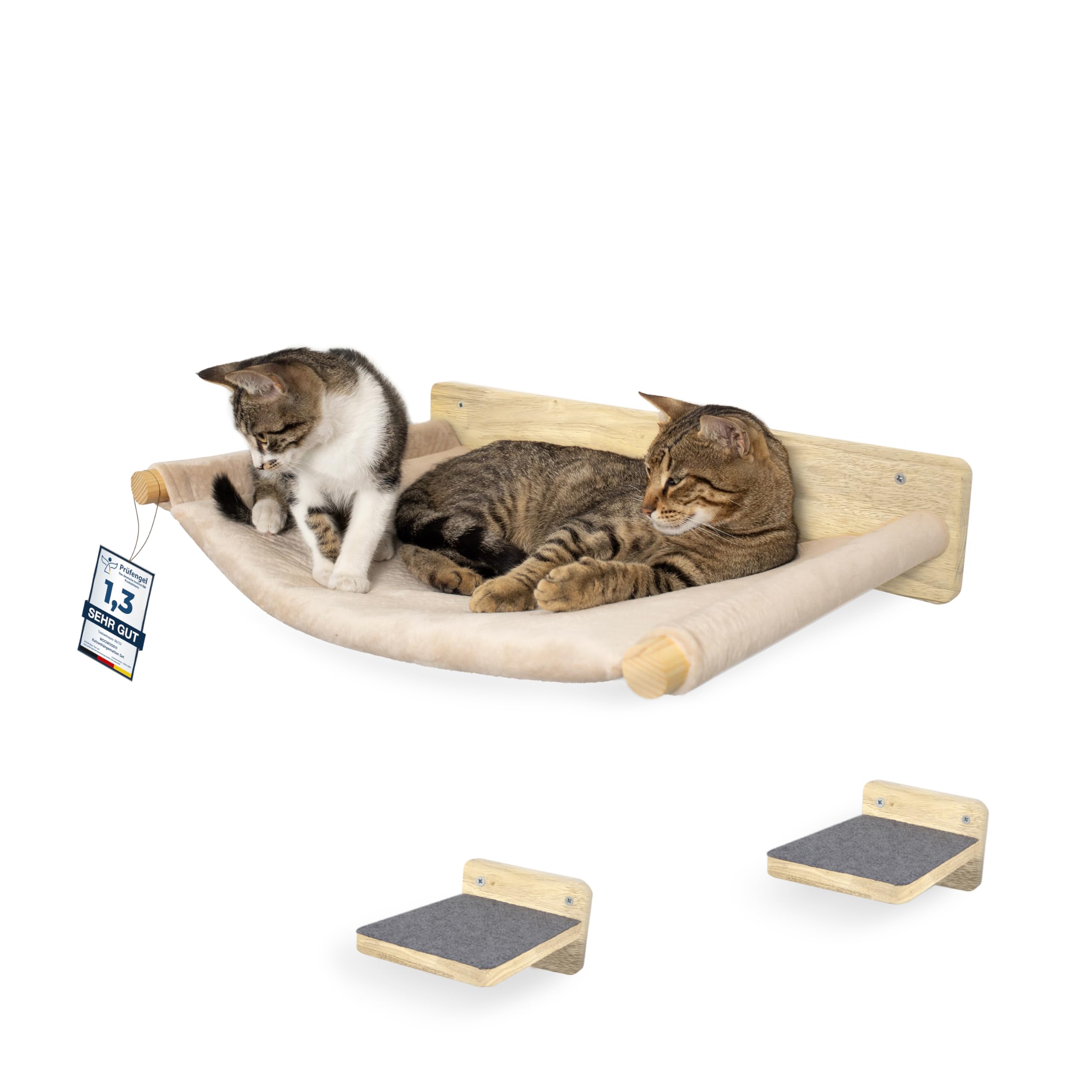 WOOWOOD® 2X Kletterwand Katzen - 3X Katzentreppe Wand- Kratzbaum Wand - Hängematte Katze - Wandkratzbaum - Katzenmöbel - Katzenwand - Katzen Kletterwand Set - Naturhell