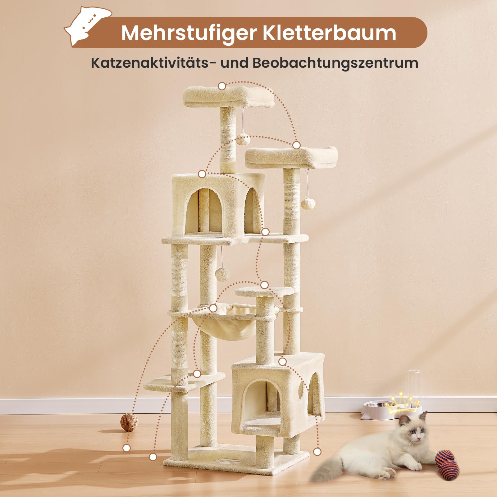 MSmask Kratzbaum groß, L Katzenbaum Stabil, Katzenkratzbaum mit 2 Plattformen, 2 Katzenhöhlen, Hängematte, Sisalsäulen, mehrstöckiger Kletterbaum für Katzen (Hellgrau, 160 cm)