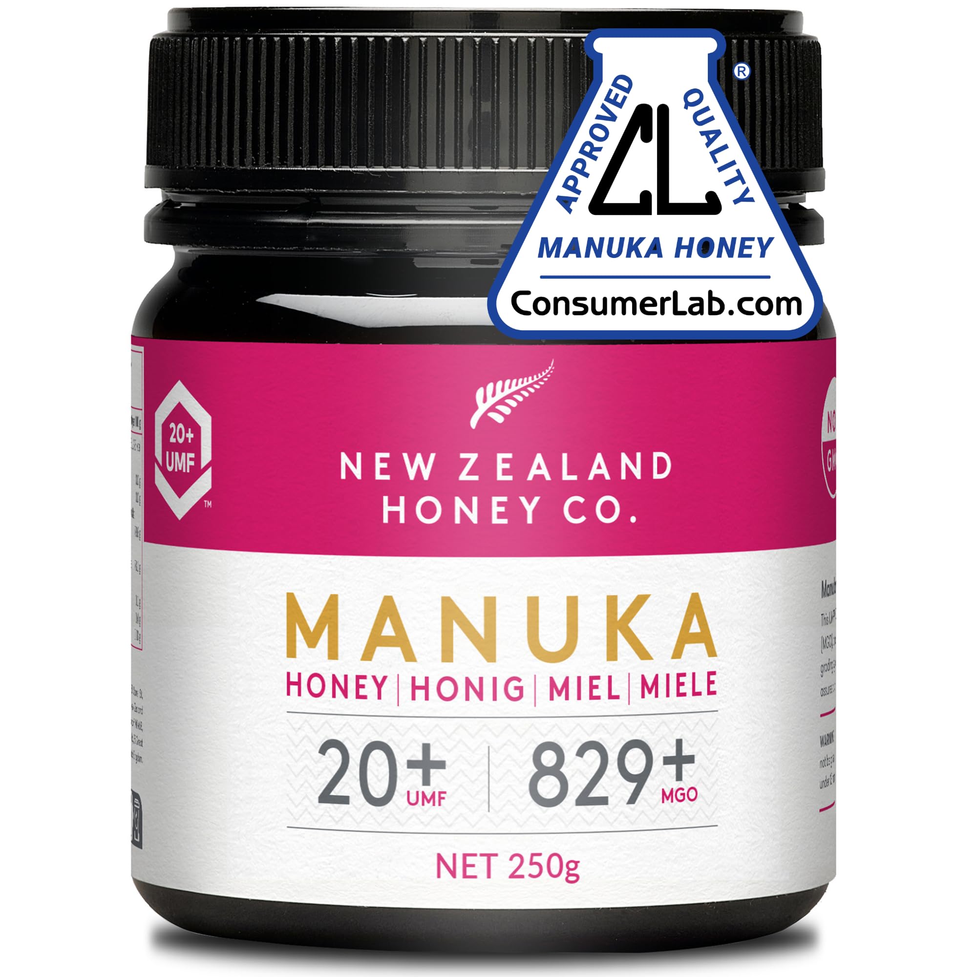 New Zealand Honey Co. Manuka Honig MGO 829+ / UMF 20+ | Aktiv und Roh - Hergestellt in Neuseeland - Zertifiziertem Methylglyoxal Gehalt - 250g - Raw Honey - Rohhonig