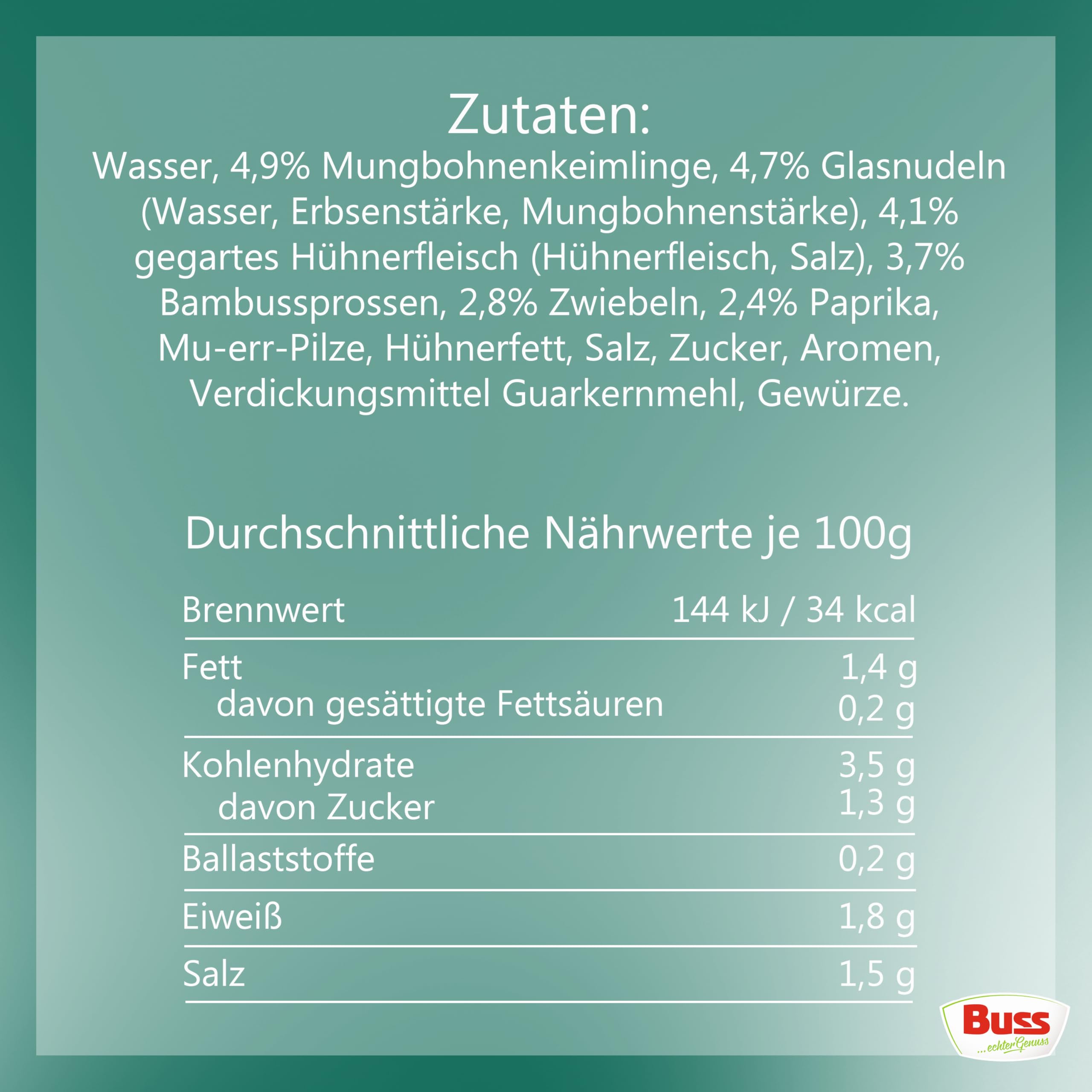 Buss Asia Suppen - Bihunsuppe Original nach indonesischer Art - Milde Asia Suppe mit Paprika, Hühnerfleisch und Glasnudeln - Schnelle Fertiggerichte zum Aufwärmen in Mikrowelle & Topf - 12 x 400g