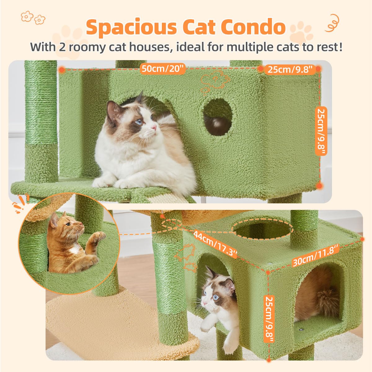 Taoqimiao 180CM Kratzbaum Groß, Katzenbaum Katzen Kratzbaum Grosse Katzen Stabil mit 2 Katzenhaus, Metallhängematte, Korb, 8 Kratzsäulen, Katzenkratztafel, MS026LM Beige