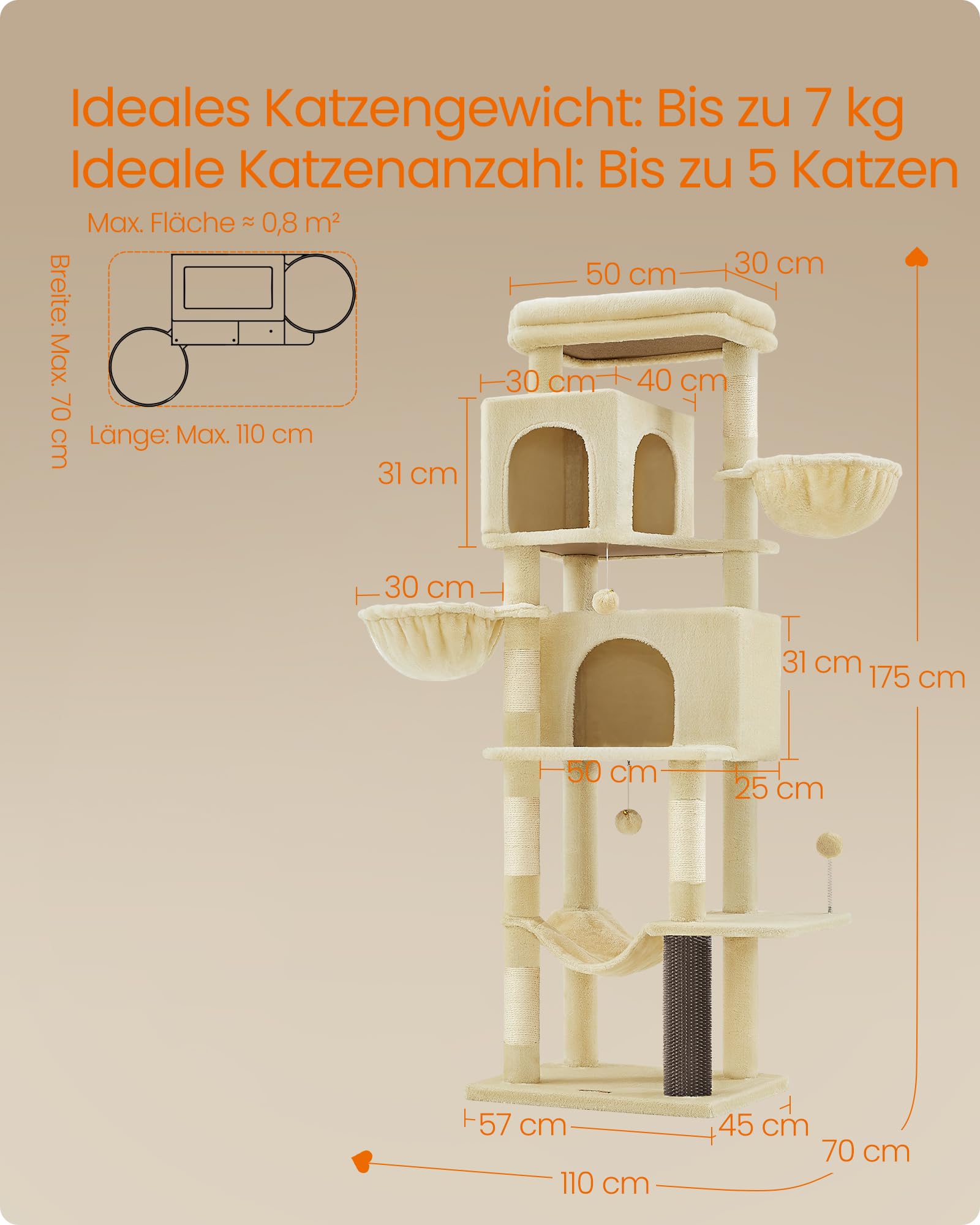 Feandrea Kratzbaum, 175 cm hoch, XL, mehrstöckiger Katzenbaum mit 2 Höhlen, 2 Liegemulden, 5 Kratzsäulen, Katzenbürste, große Plattform, Taubengrau PCT182G01