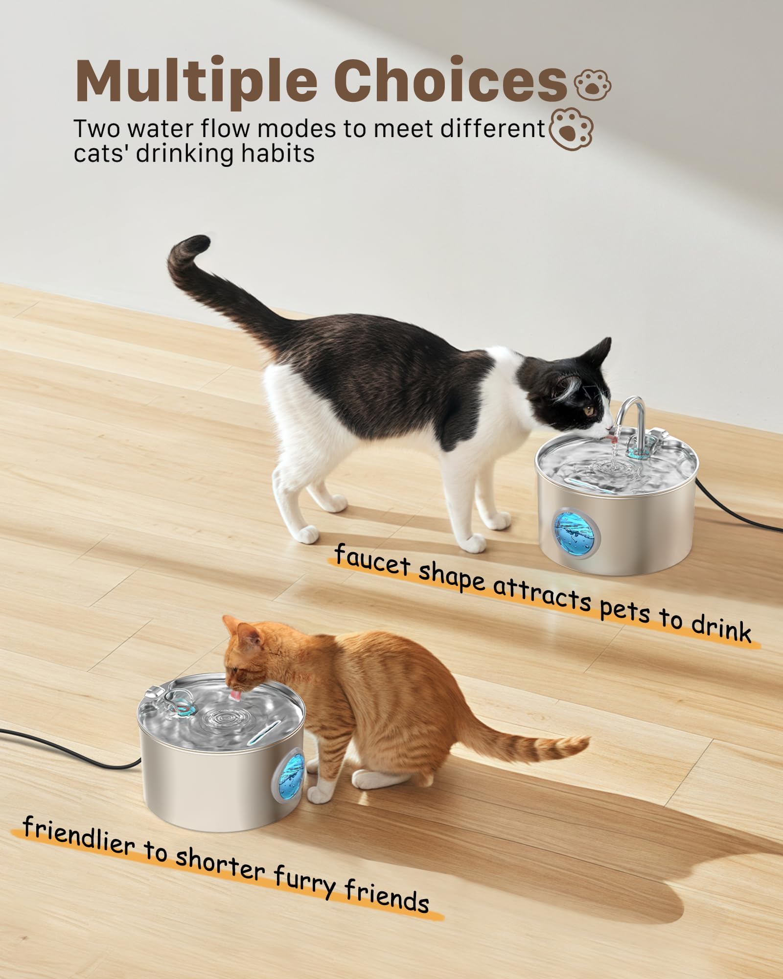 Katzenbrunnen Edelstahl Trinkbrunnen für Katze: Katzenbrunnen für Katzen - 2.2L Wasserbrunnen für Katzen mit 1 Filter und 1 Schwamm - Automatisch Katzentrinkbrunnen für Hunde mit Sichtfenster