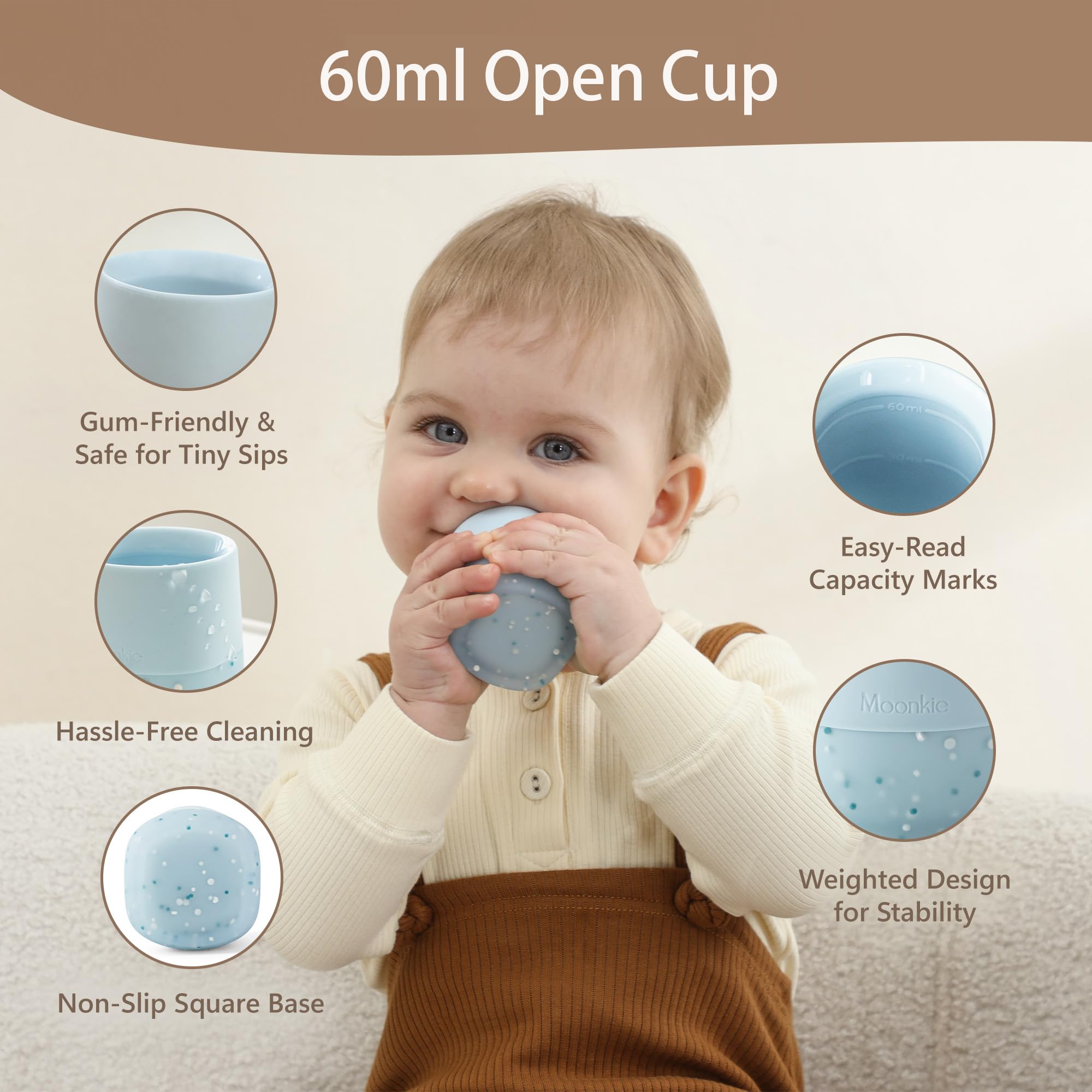 Moonkie Trinklernbecher Baby Silikon | 2er-Pack Offener Lernbecher ab 4 Monate | BPA-frei | mit Messskala | 60ml Tiny Cup(Äther/Mint)