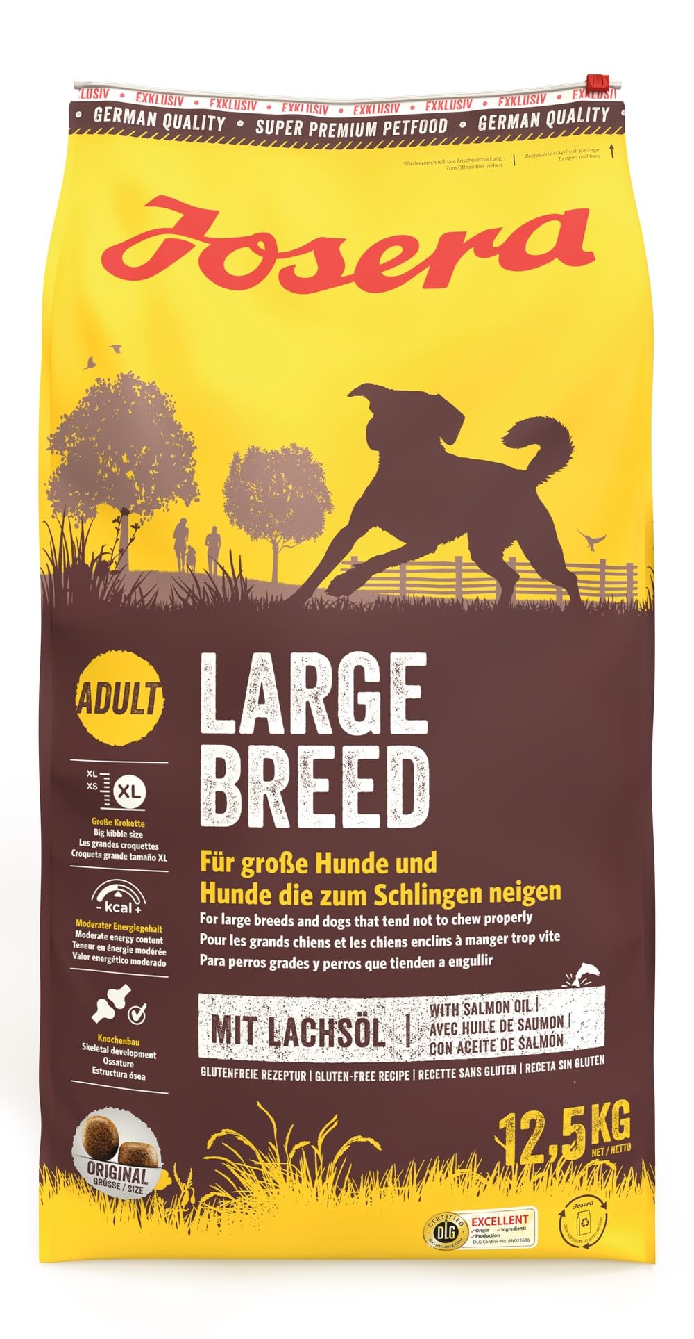 JOSERA Adult Large Optiness Lamm & Reis (1 x 12,5 kg) | Premium Trockenfutter für ausgewachsene Hunde | eiweißreduziert | weizenfrei | wertvolle Fettsäuren | XL-Kroketten gegen Schlingen