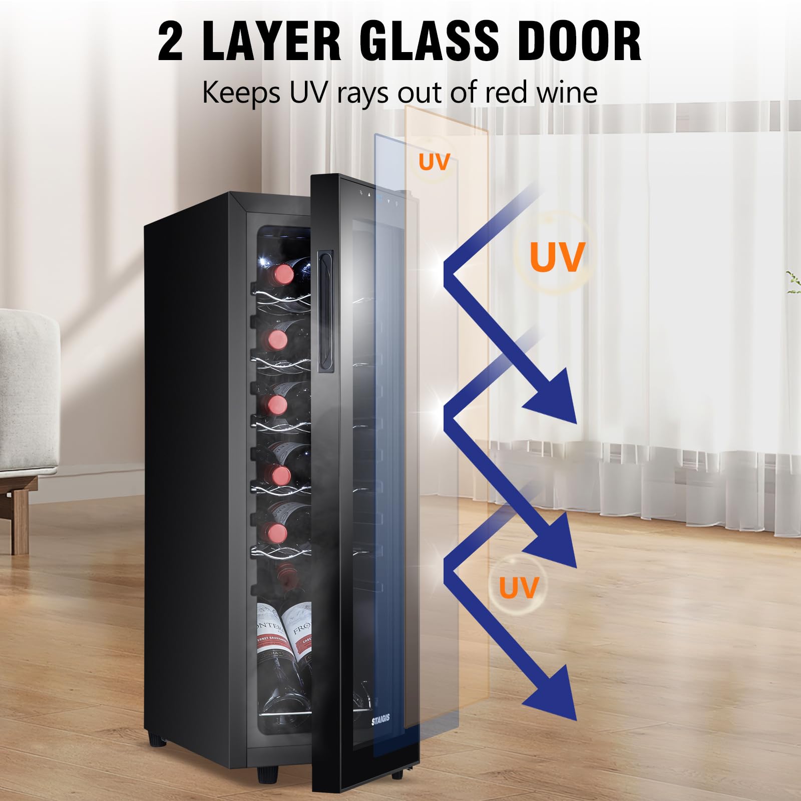 STAIGIS 24 Bottle Mini Fridge, Small Freestanding Wine Cooler Refrigerator for Red and White with 40-66F Digital Temperature Control Glass Door