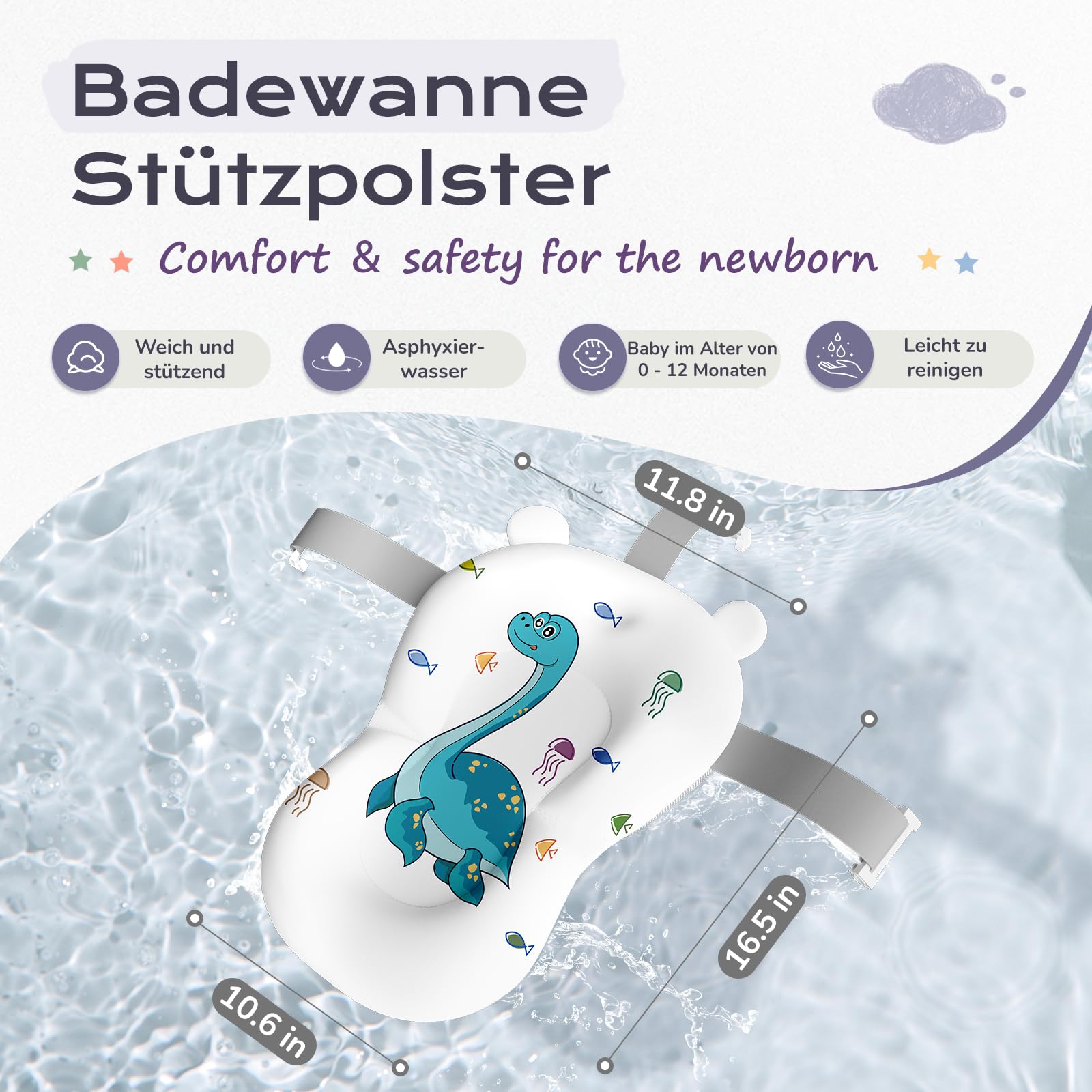 COOSEYA Baby Badewanne für 0-18 Monate, Faltbare Babywanne mit Babybadewanne Stützkissen, Portable Baby Bathtub als Wesentliche Artikel für Neugeborene und Kleinkind, Dinosaurier - Design (Grau)