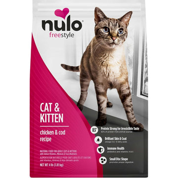 Nulo Freestyle High Protein Cat & Kitten Food, Chicken & Cod Recipe - Natural Grain-Free Dry Cat Food with Omega Fatty Acids & Probiotics, 4 lb Bag