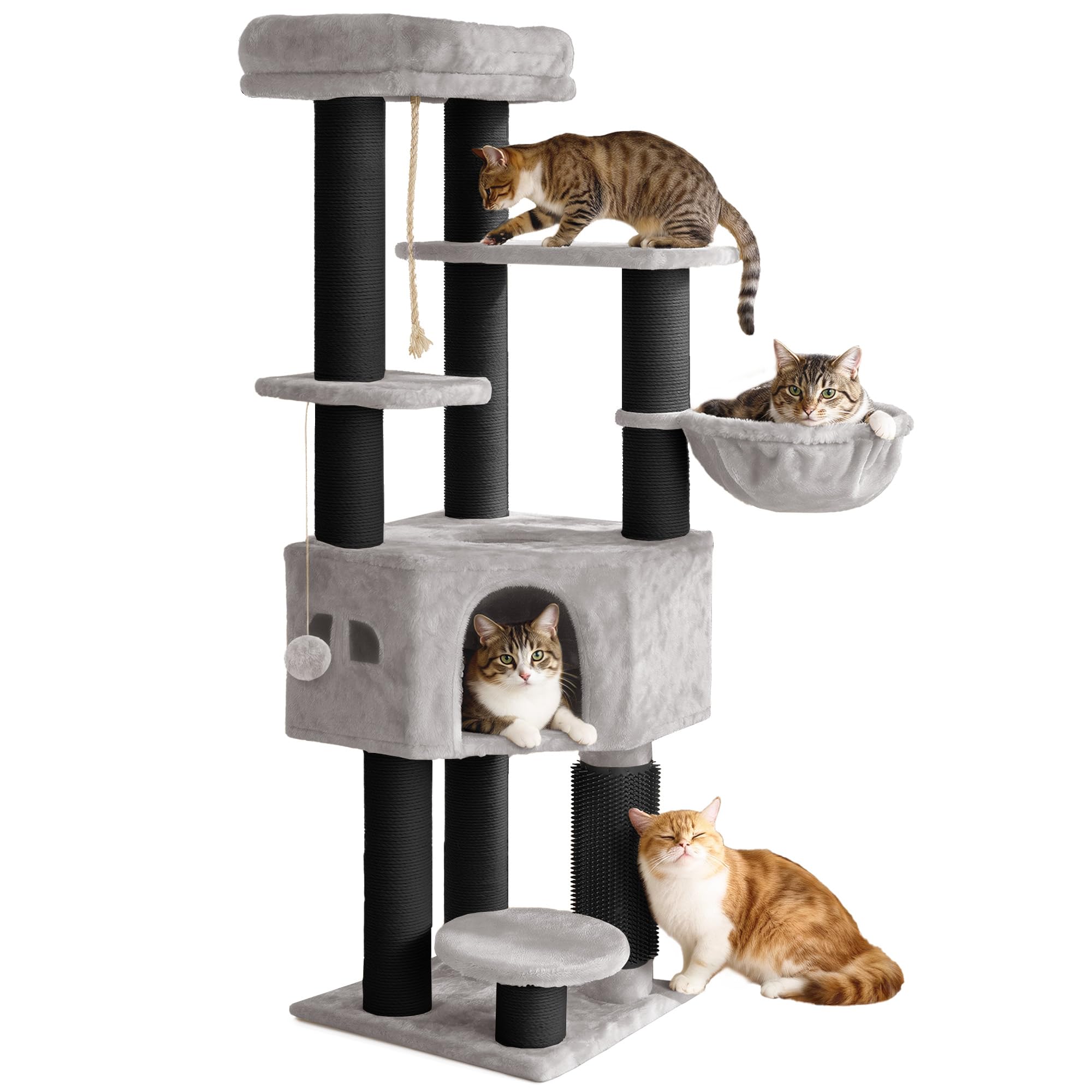 YITAHOME Kratzbaum, Katzenkratzbaum, für Große Katze, Katzenbaum, Katzenbürsten, 11 cm Dicke Stämme, Große Plattformen, Plüschkissen, Höhle, 50 x 50 x 157 cm, Beige