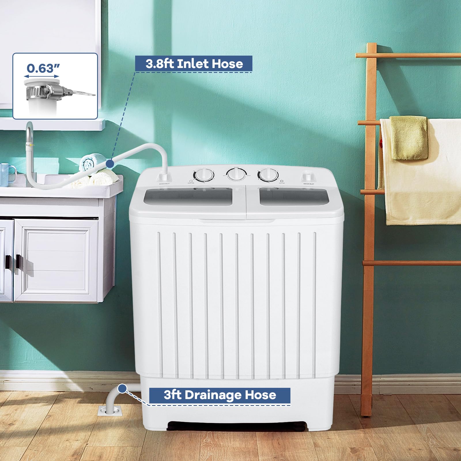 Giantex Portable Mini Compact Twin Tub Washing Machine 20lbs Washer Spain Spinner Portable Washing Machine, Blue+ White