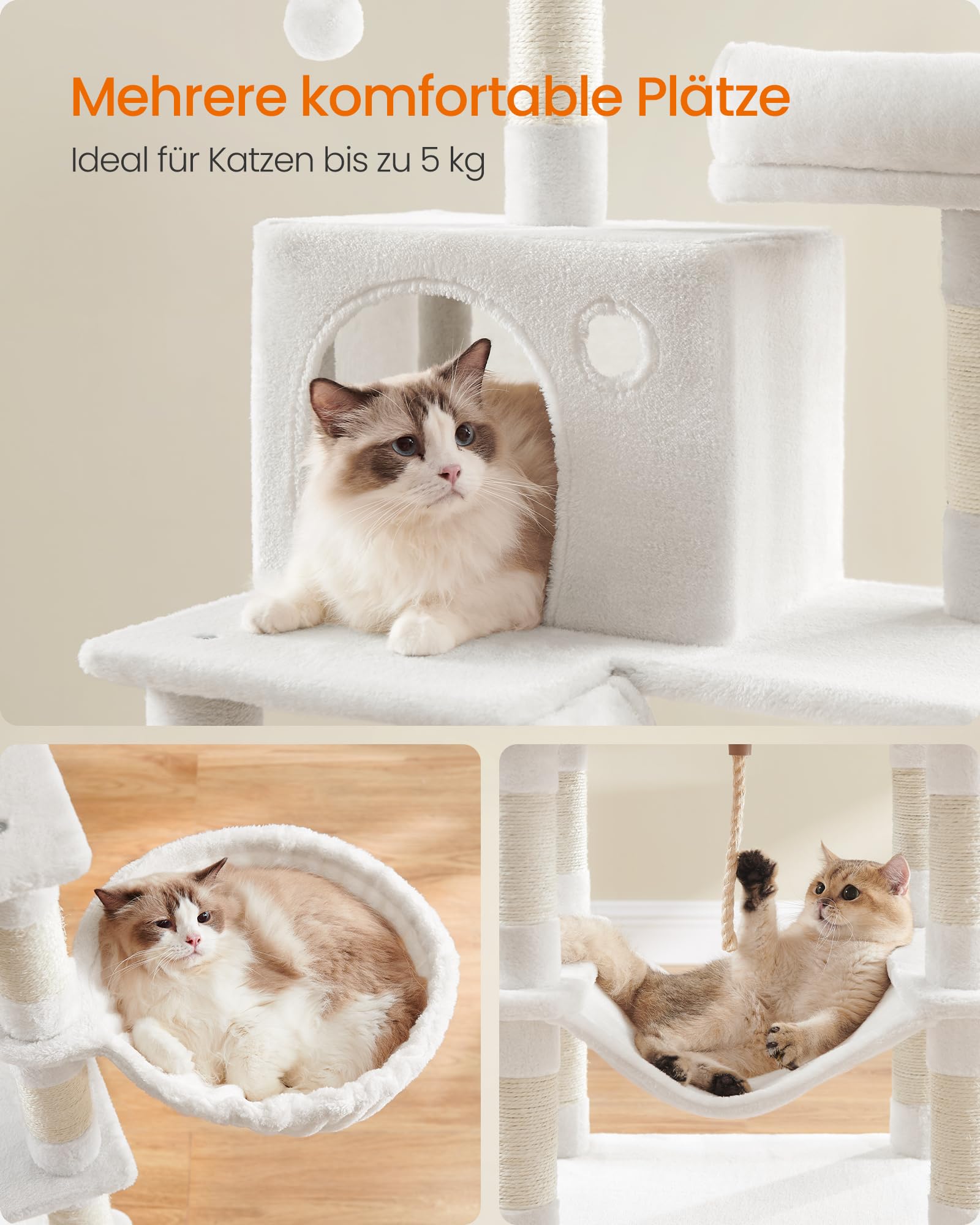 Feandrea Kratzbaum groß, 203,5 cm hoch, XXL Katzenbaum, mit 13 Kratzsäulen, 2 Plattformen, 2 Höhlen, Korb, Hängematte, Plüschbälle, mehrstöckiger Katzenkratzbaum, rauchgrau PCT190G01