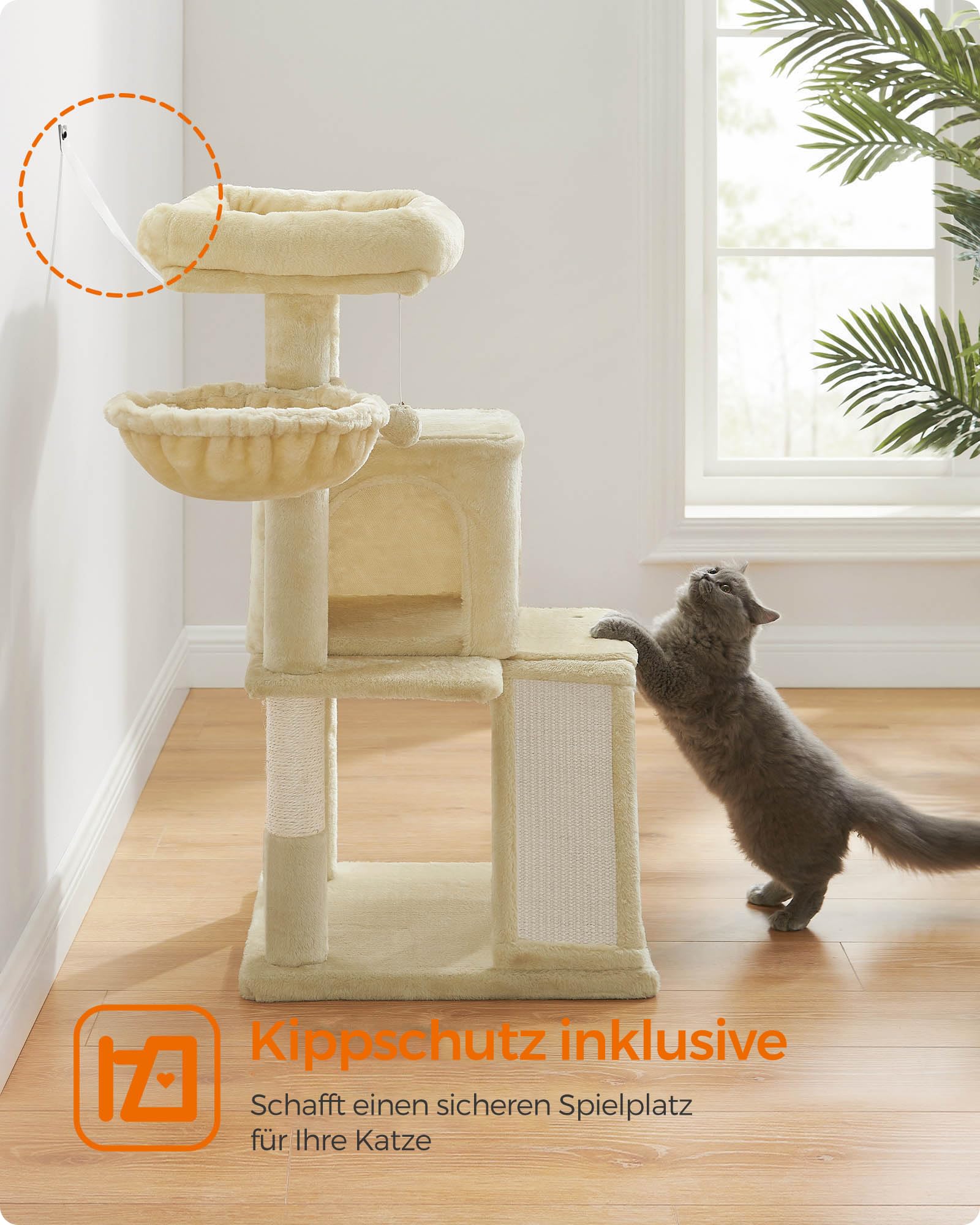 Feandrea Kratzbaum, 96 cm hoch, Katzenbaum mit großer Plattform, Katzenkratzbaum mit Katzenhöhle, Hängematte, Kratzrampe, Plüschball, weicher Plüsch, hellgrau PCT51W