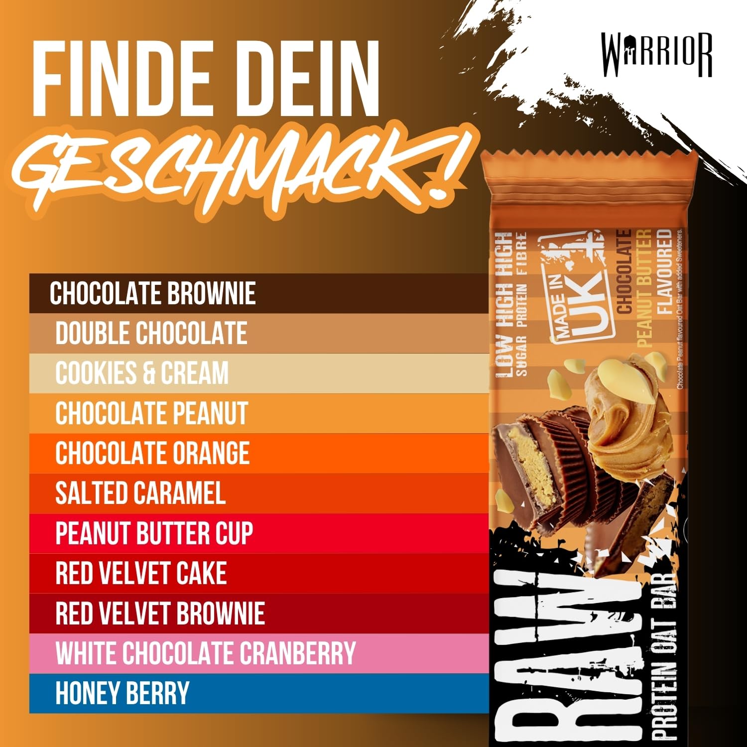 Warrior Raw Proteinriegel 12 x 75 g – Ballaststoffreicher Haferriegel mit Protein, High Protein Snack ohne Zucker, Natürlicher Haferflocken Riegel mit Präbiotika – Schoko-Brownie