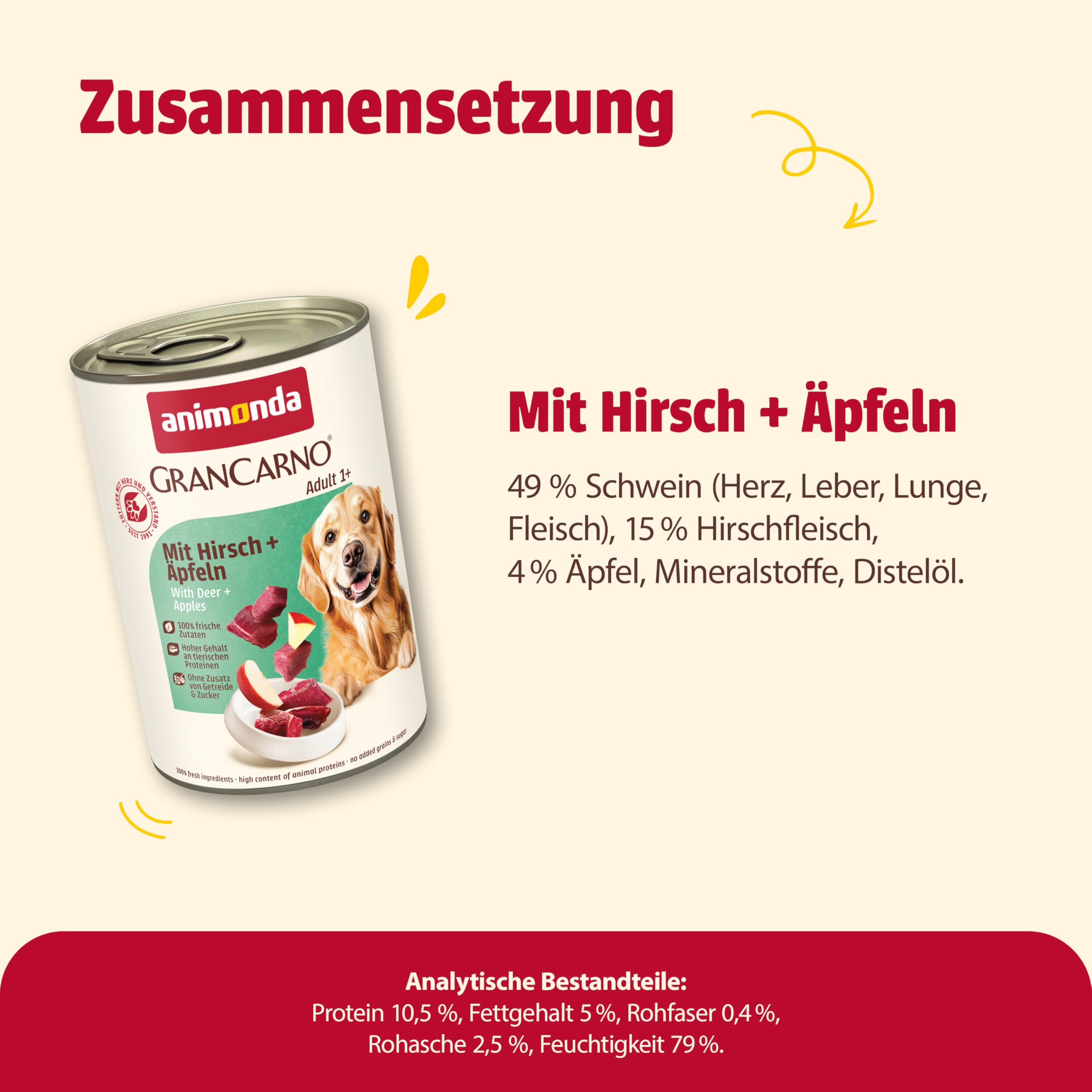 animonda GranCarno Hunde Nassfutter mit Rind + Entenherzen (6 x 800 g), getreidefreies Hundenassfutter ohne Zucker, für ausgewachsene Hunde, mit frischen fleischigen Zutaten