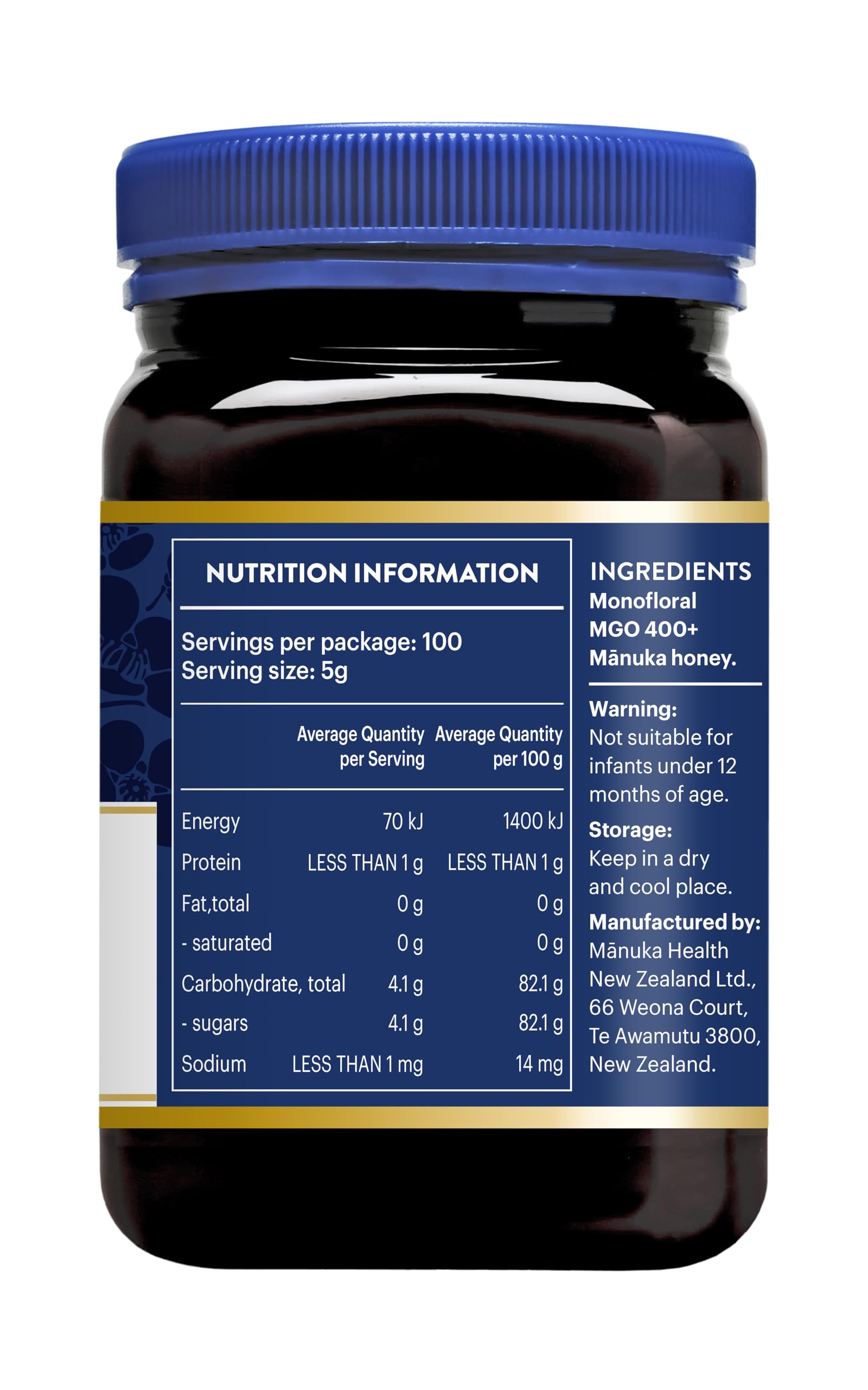 Manuka Health - Manuka Honig MGO 400+ 500g, hergestellt und abgefüllt in Neuseeland mit zertifiziertem Methylglyoxal Gehalt, natürlicher Manuka Honig von der Manukapflanze, 100% Manuka, vegetarisch